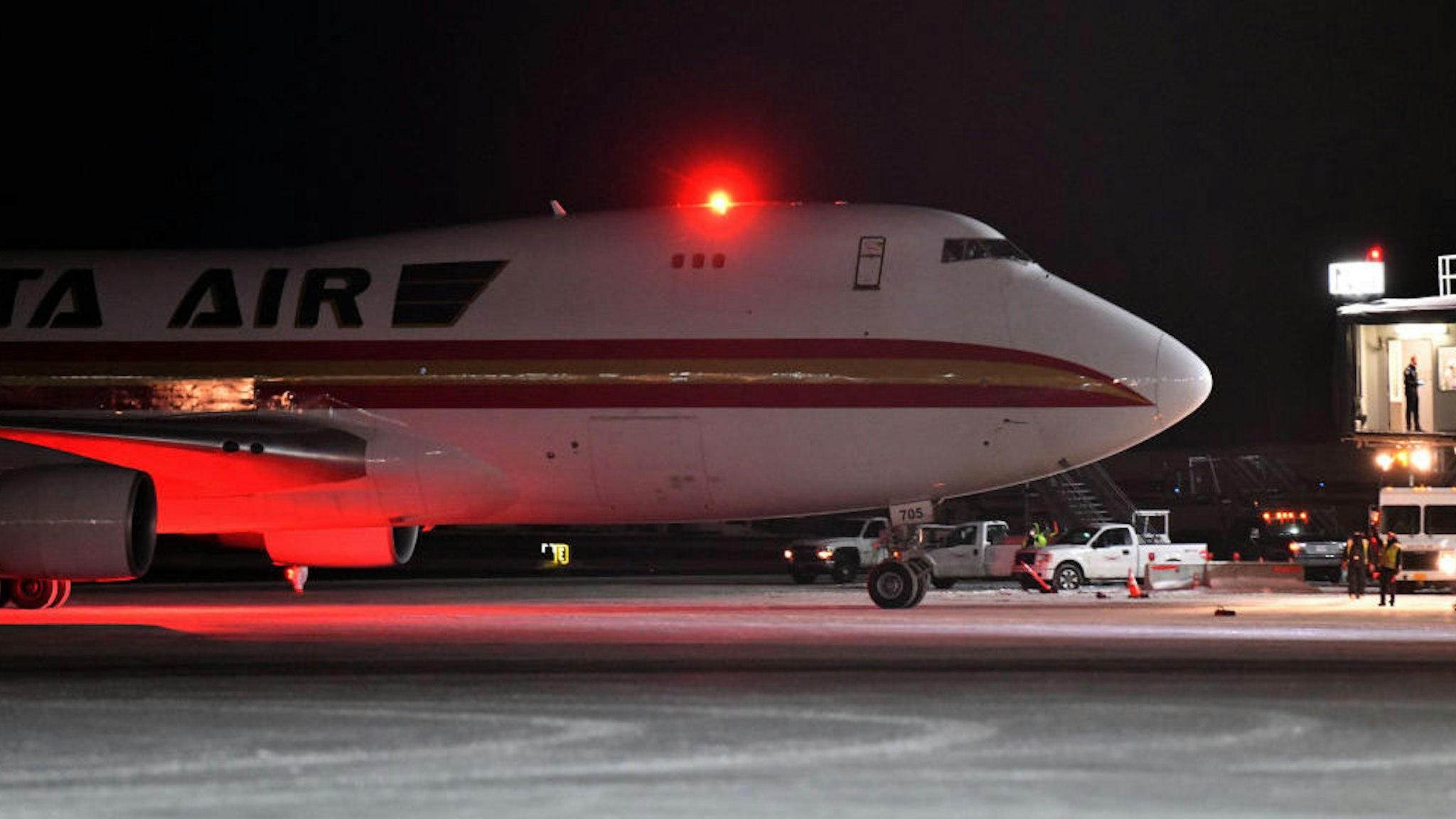 A Boeing 747-4B5(F), on a charter flight from Wuhan, China, arrives at Ted Stevens Anchorage International Airport on January 28, 2020 in Anchorage, Alaska. The U.S. government chartered the plane to evacuate U.S. citizens and diplomats from the U.S. consulate in Wuhan, China where the coronavirus outbreak began. (Photo by Lance King/Getty Images)