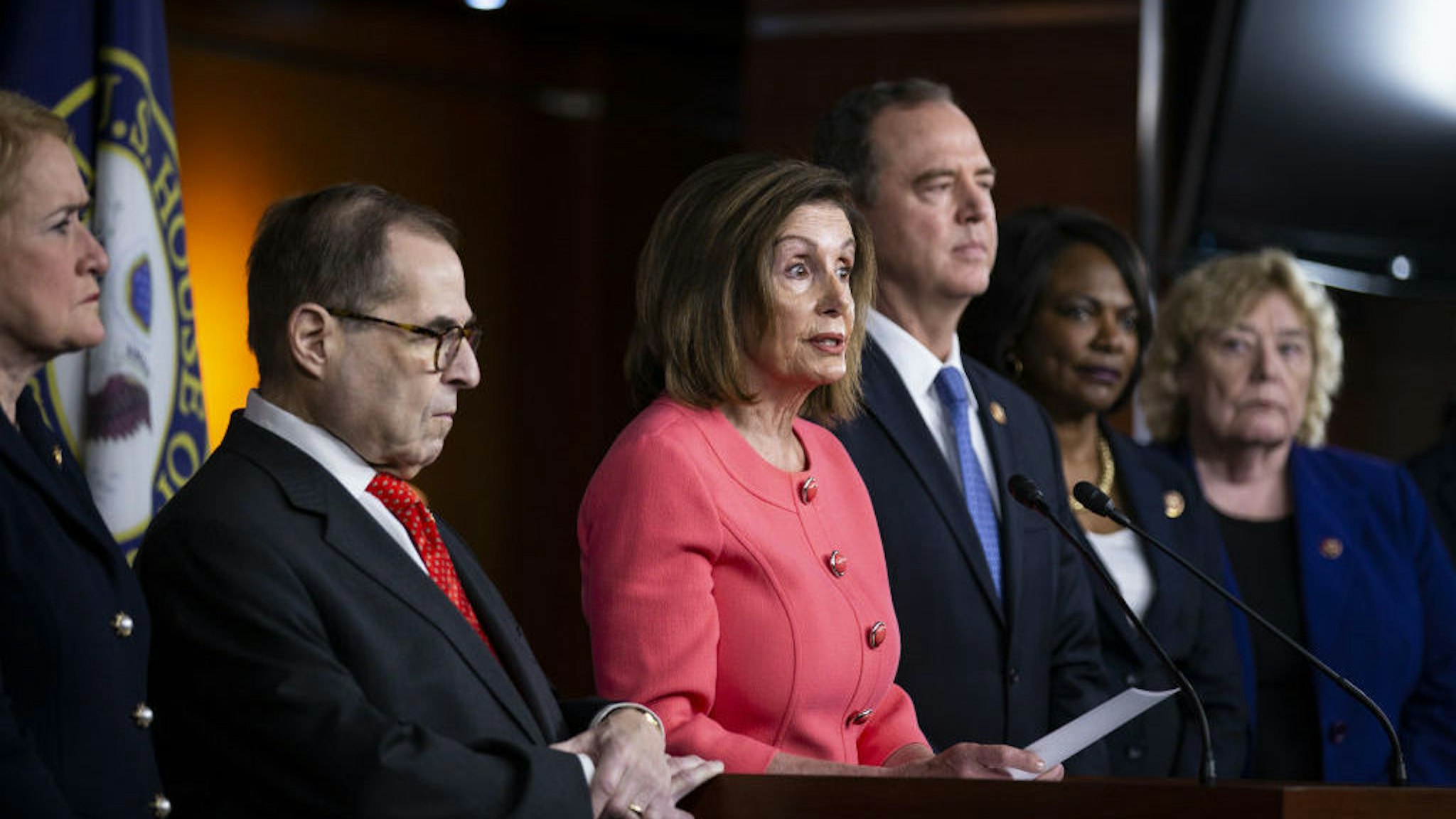 U.S. House Speaker Nancy Pelosi, a Democrat from California, center, speaks as Representative Jerry Nadler, a Democrat from New York and chairman of the House Judiciary Committee, left, and Representative Adam Schiff, a Democrat from California and chairman of the House Intelligence Committee, right, listen during a news conference on Capitol Hill in Washington, D.C., U.S., on Wednesday, Jan. 15, 2020. Schiff will lead a team of seven managers who will present the impeachment case against President Donald Trump in the Senate, Pelosi said. Photographer: Al Drago/Bloomberg