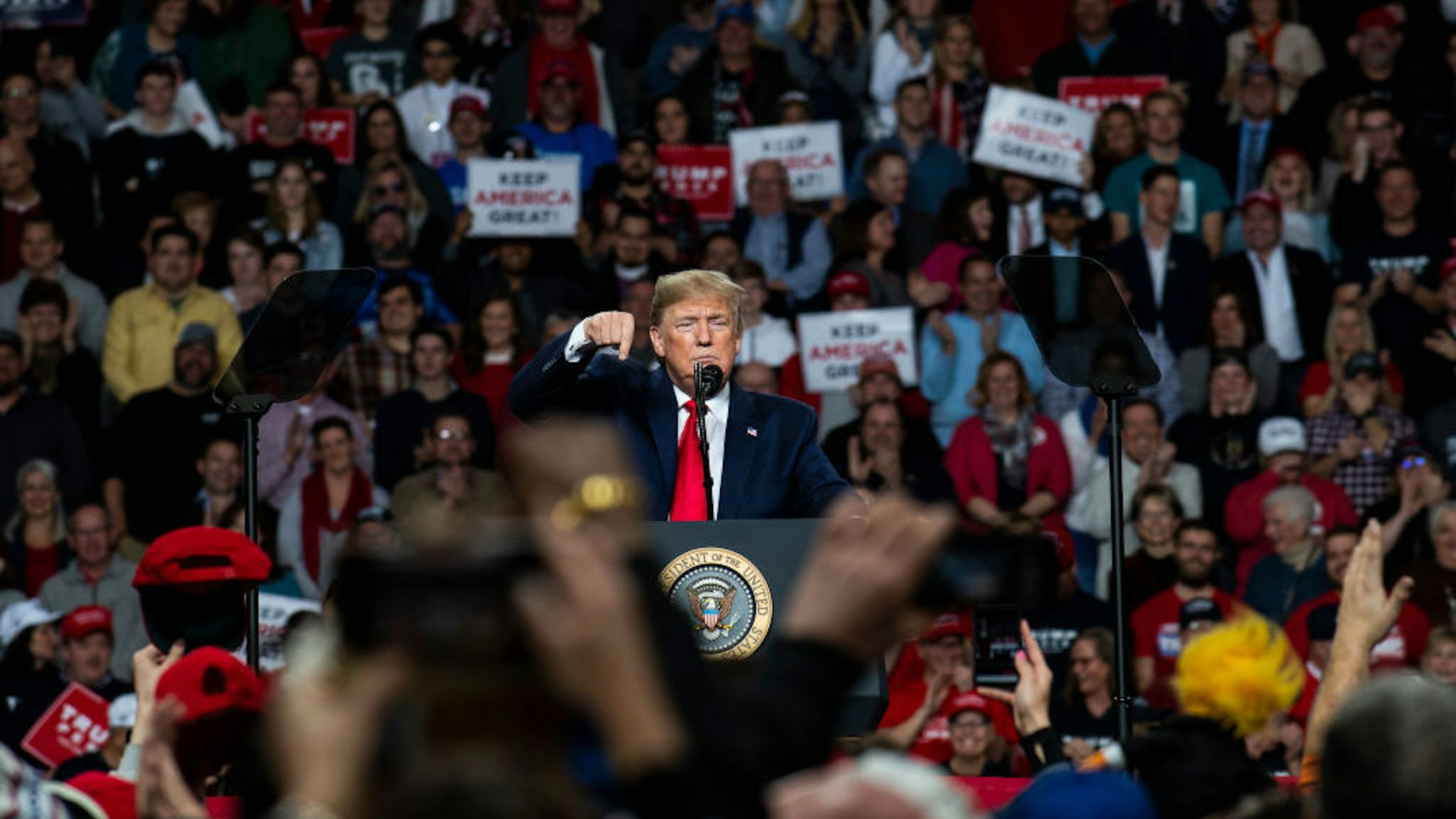 President Donald Trump speaks at a "Keep America Great" campaign rally at the Huntington Center on January 9, 2020 in Toledo, Ohio. President Trump won the swing state of Ohio in 2016 by eight points over his opponent Hillary Clinton. (Photo by Brittany Greeson/Getty Images)