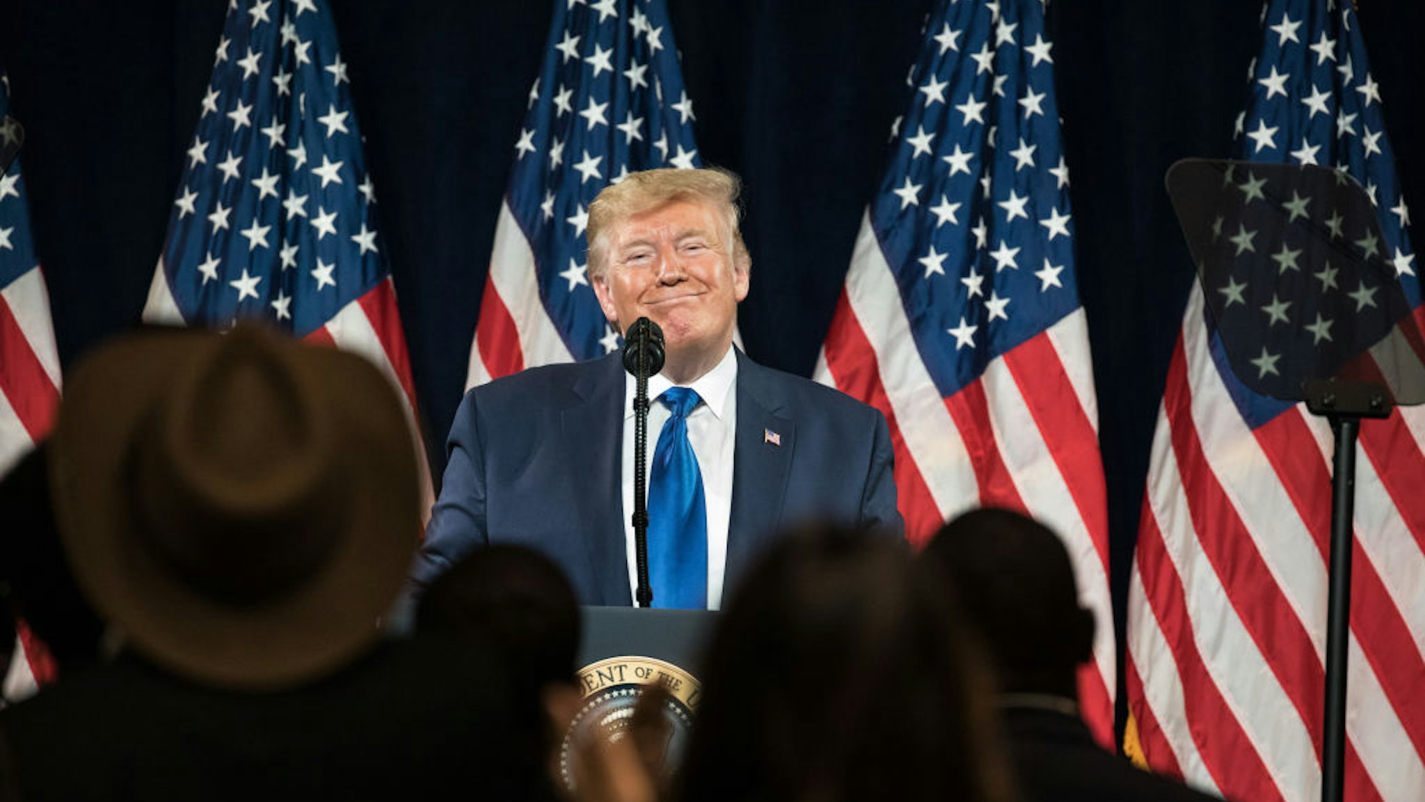 U.S. President Donald Trump pauses while speaking during the 'Black Voices for Trump' launch event in Atlanta, Georgia, U.S., on Friday, Nov. 8, 2019. Monday, January 20, 2020, marks the third anniversary of U.S. President Donald Trump's inauguration. Our editors select the best archive images looking back over Trump’s term in office. Photographer: Dustin Chambers/Bloomberg