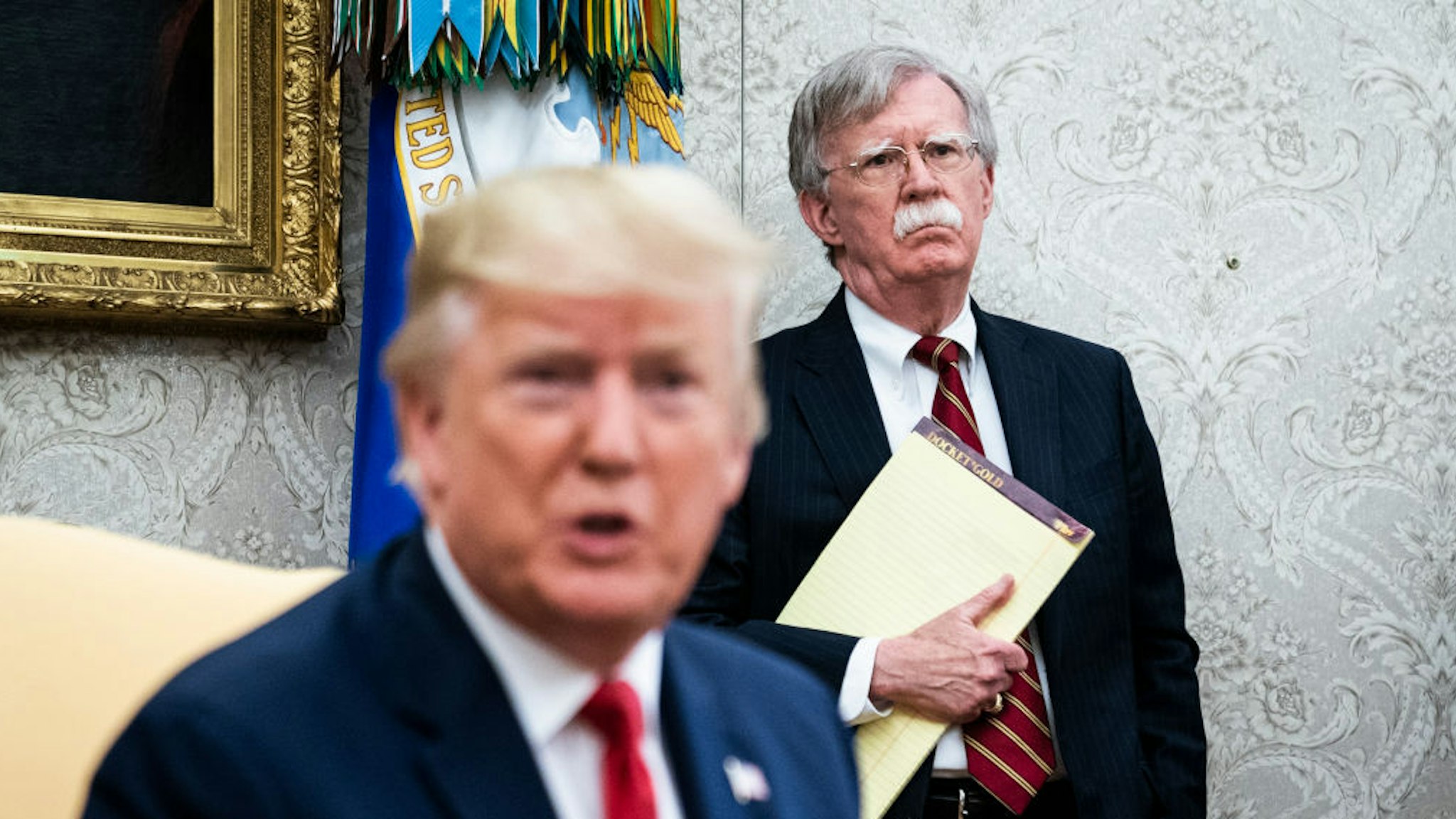 National Security Advisor John R. Bolton listens as President Donald J. Trump meets with Prime Minister of the Netherlands Mark Rutte in the Oval Office at the White House on Thursday, July 18th, 2019 in Washington, DC. (Photo by Jabin Botsford/The Washington Post via Getty Images)