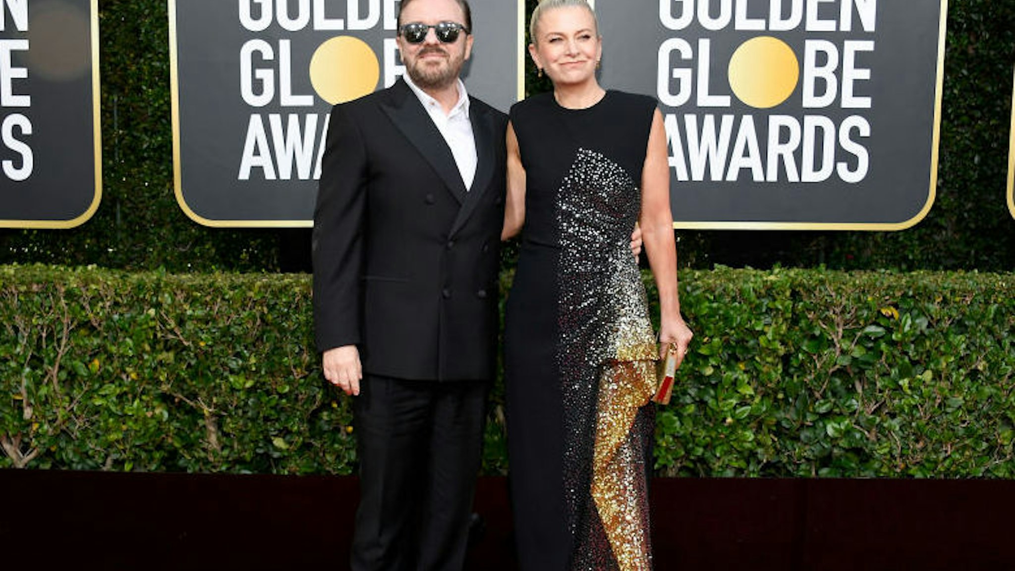BEVERLY HILLS, CALIFORNIA - JANUARY 05: 77th ANNUAL GOLDEN GLOBE AWARDS -- Pictured: (l-r) Ricky Gervais and Jane Fallon arrive to the 77th Annual Golden Globe Awards held at the Beverly Hilton Hotel on January 5, 2020. --