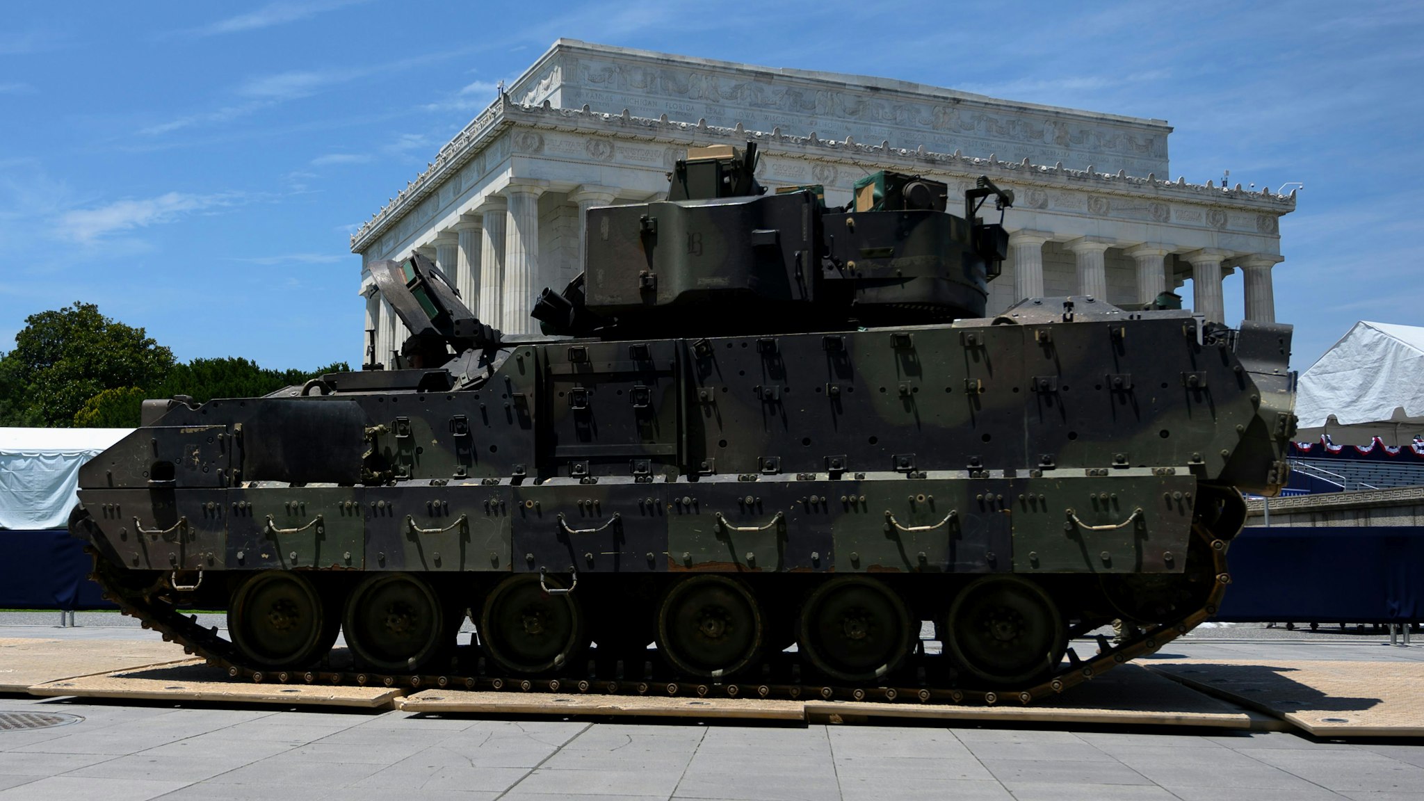 A Bradley Fighting Vehicle is parked as preparations are made for the "Salute to America" Fourth of July event with US President Donald Trump at the Lincoln Memorial on the National Mall in Washington, DC, July 3, 2019, which will feature flyovers by the Blue Angels, an airplane used as Air Force One, as well as military demonstrations and a speech by Trump. (Photo by Andrew CABALLERO-REYNOLDS / AFP) (Photo credit should read ANDREW CABALLERO-REYNOLDS/AFP via Getty Images)