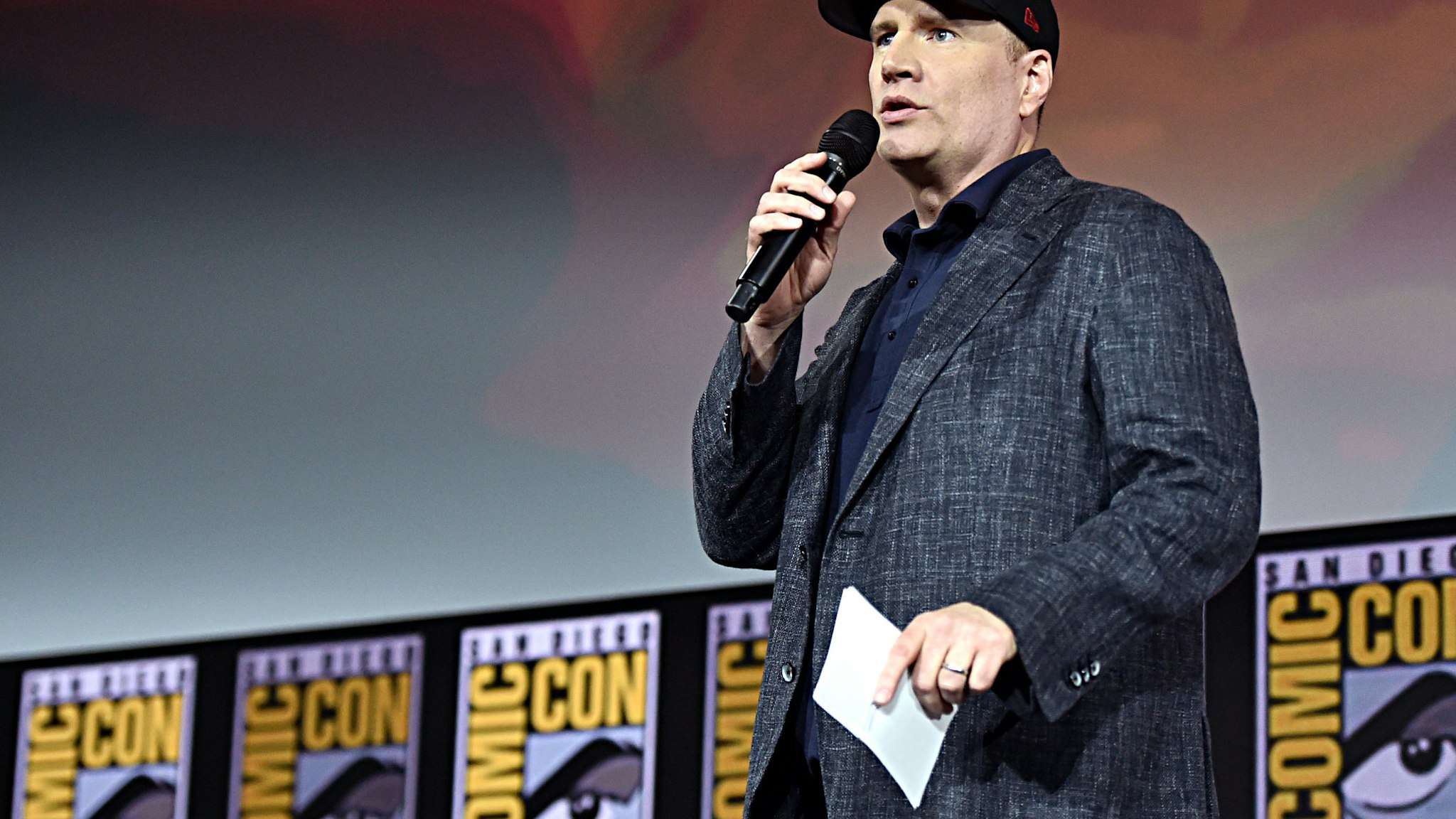 AN DIEGO, CALIFORNIA - JULY 20: President of Marvel Studios Kevin Feige at the San Diego Comic-Con International 2019 Marvel Studios Panel in Hall H on July 20, 2019 in San Diego, California. (Photo by Alberto E. Rodriguez/Getty Images for Disney)