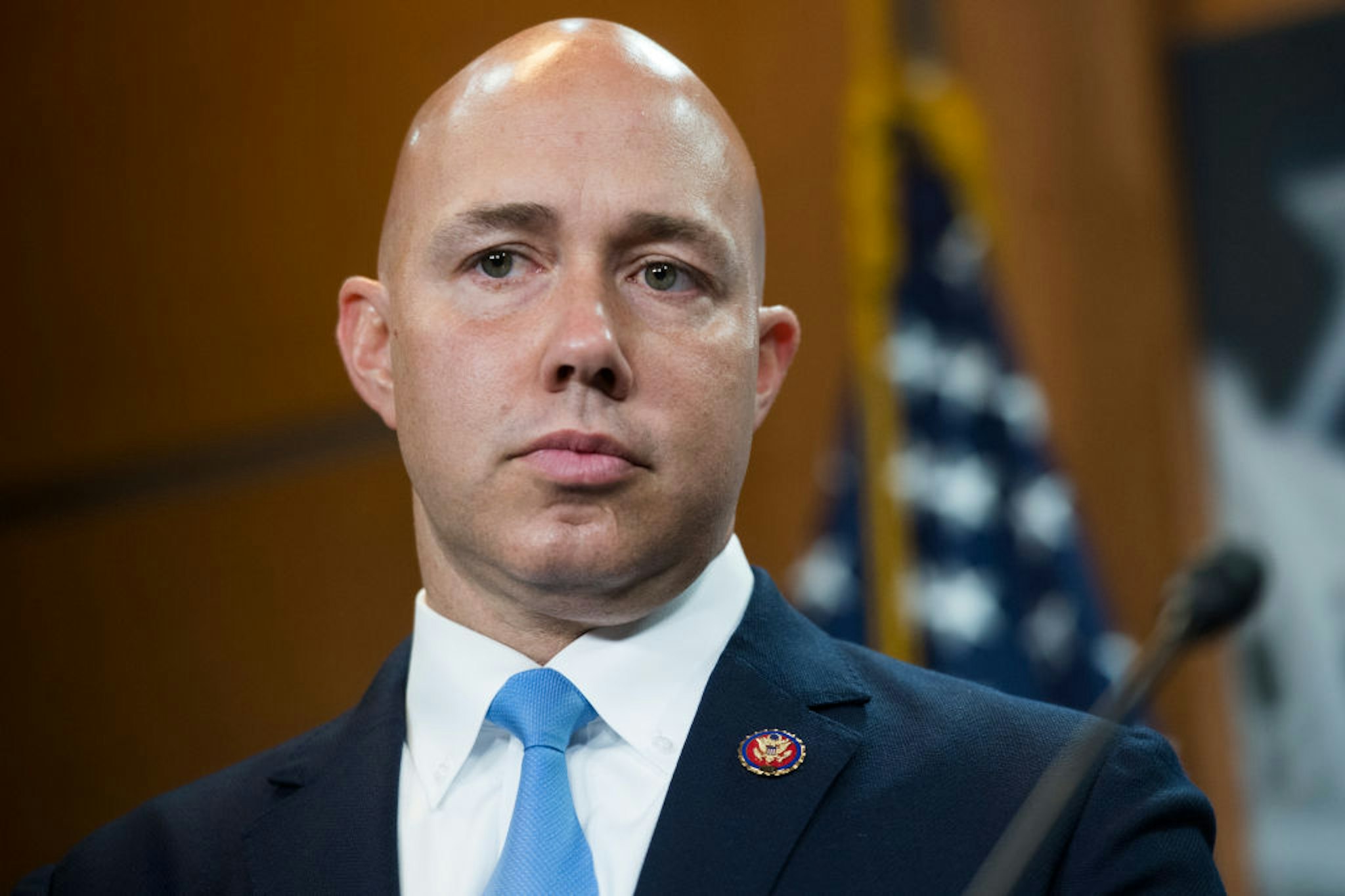 Rep. Brian Mast, R-Fla., conducts a news conference in the Capitol Visitor Center on the eviction of Congressional offices from Veterans Affairs Department facilities on Friday, September 20, 2019.