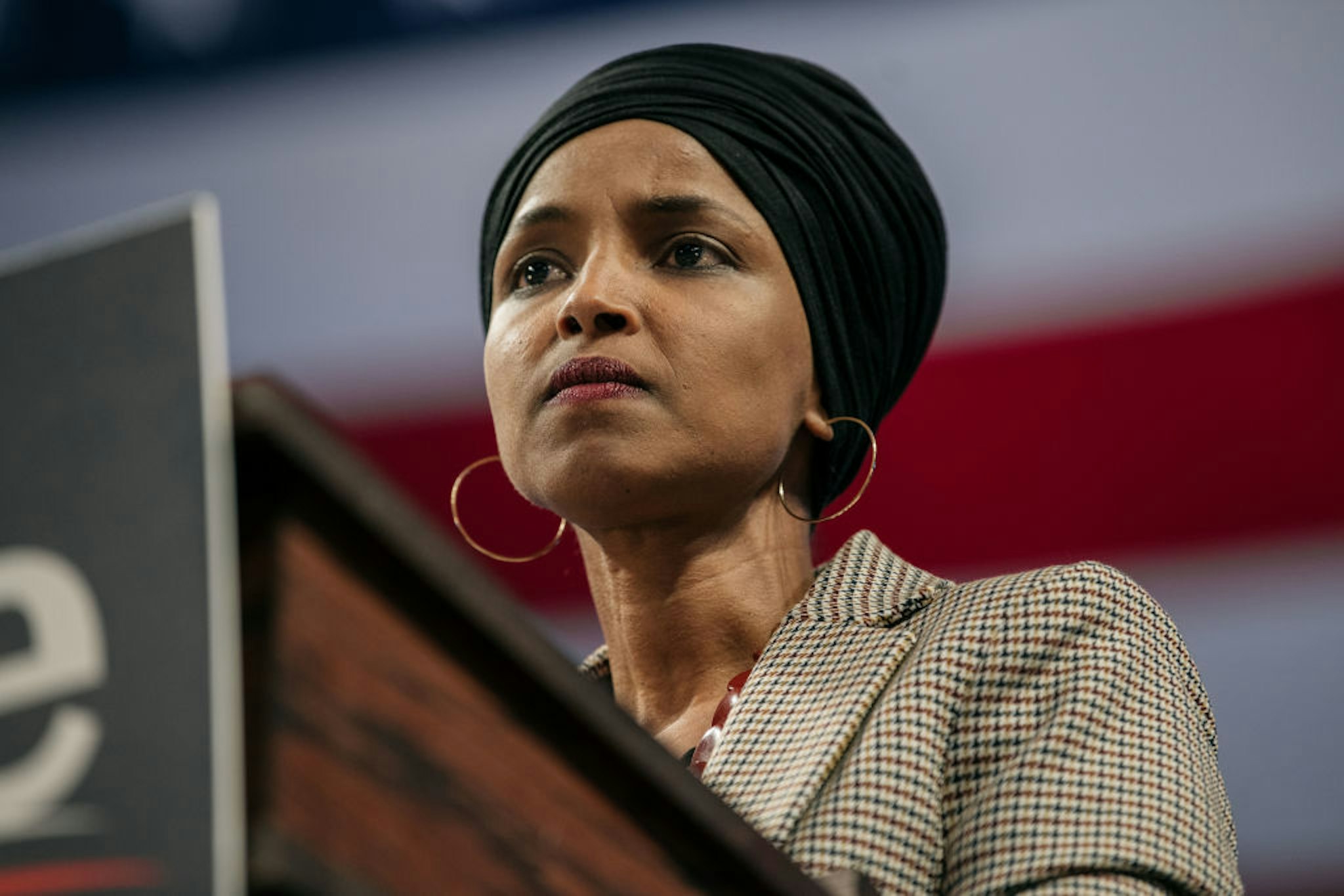 Representative Ilhan Omar (D-MN) speaks at a campaign rally for Senator (I-VT) and presidential candidate Bernie Sanders at the University of Minnesotas Williams Arena on November, 3, 2019 in Minneapolis, Minnesota.