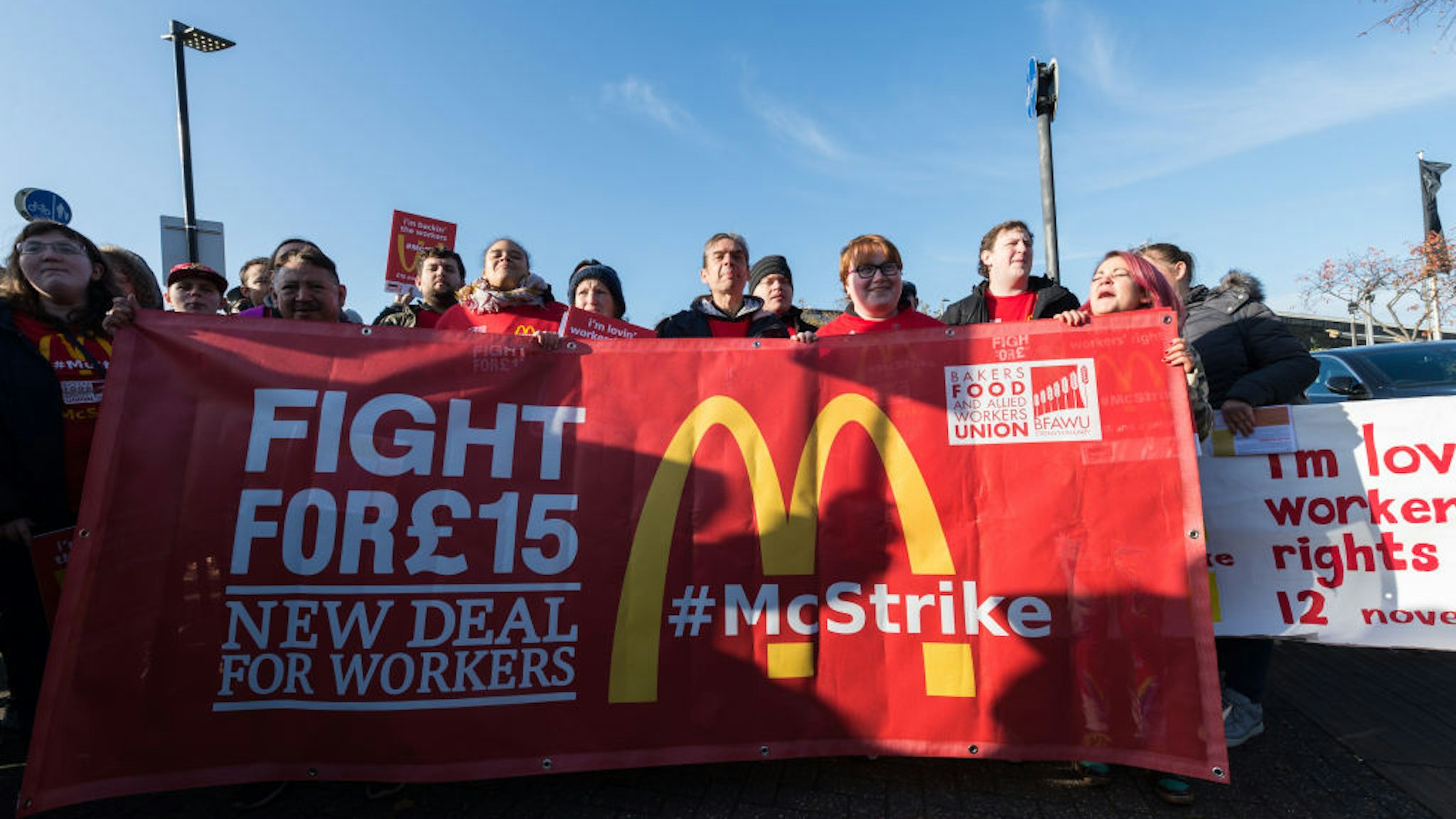 McDonald's employees at Wandsworth branch stage a walkout demanding £15 an hour minimum wage, union recognition, choice of guaranteed working hours and abolition of zero hour contracts as part of coordinated strike action by workers of six London McDonald's stores on 12 November, 2019 in Lodnon, England.