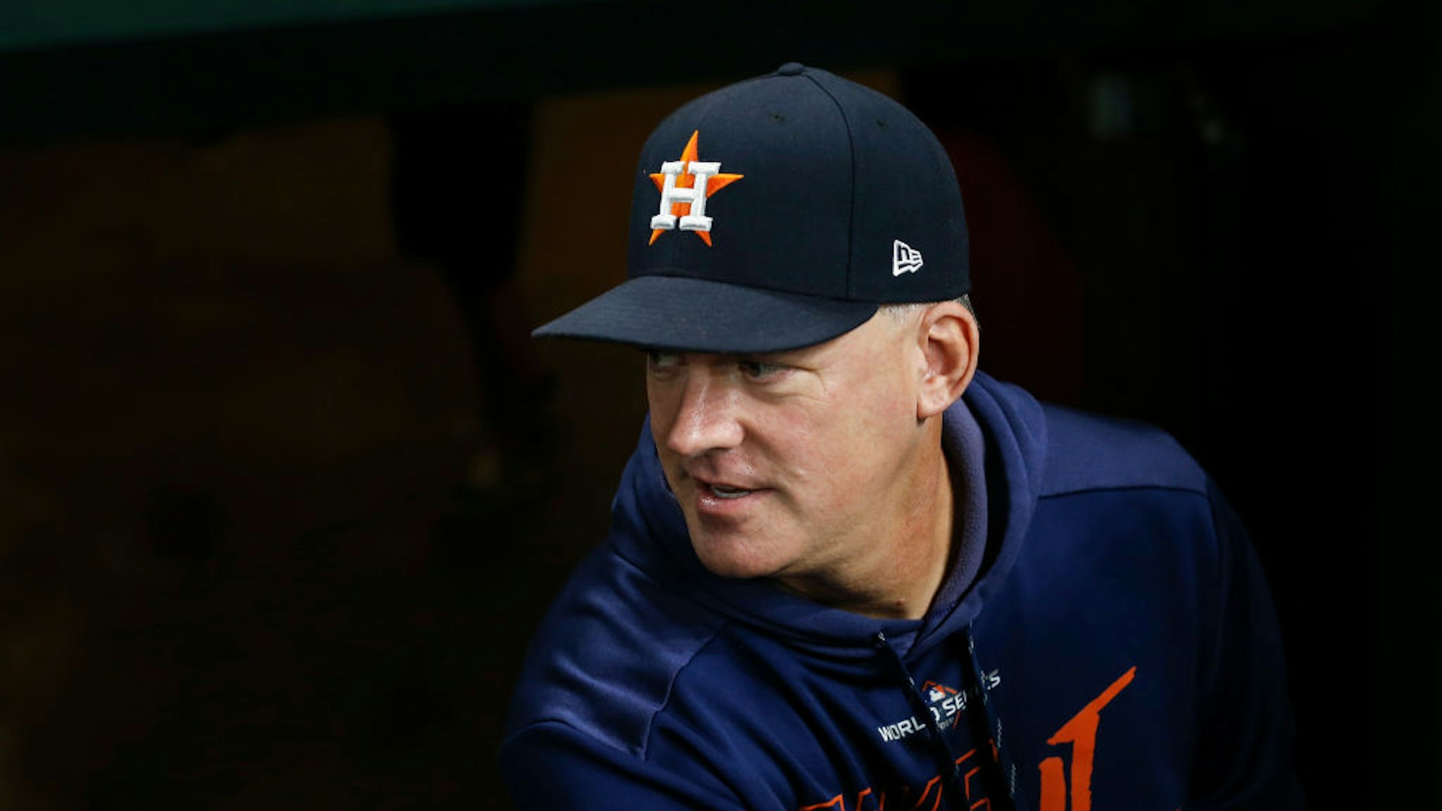 Manager AJ Hinch #14 of the Houston Astros walks into the dugout before Game Seven of the 2019 World Series against the Washington Nationals at Minute Maid Park on October 30, 2019 in Houston, Texas.