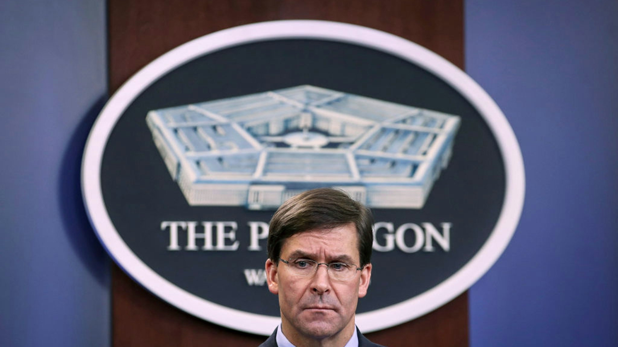 ARLINGTON, VA DECEMBER 20: Secretary of Defense Mark Esper holds an end of year press conference at the Pentagon on December 20, 2019 in Arlington, Virginia. Esper and Milley fielded questions on a wide range of topics, including the situation in North Korea and a recent Washington Post referred to as the "Afghanistan Papers."