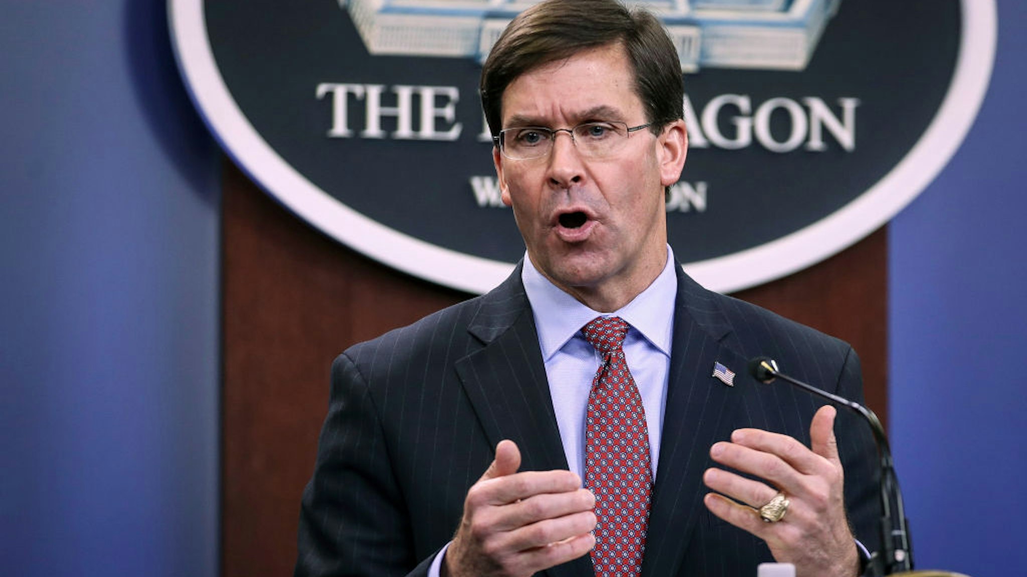 Secretary of Defense Mark Esper holds an end of year press conference at the Pentagon on December 20, 2019 in Arlington, Virginia.