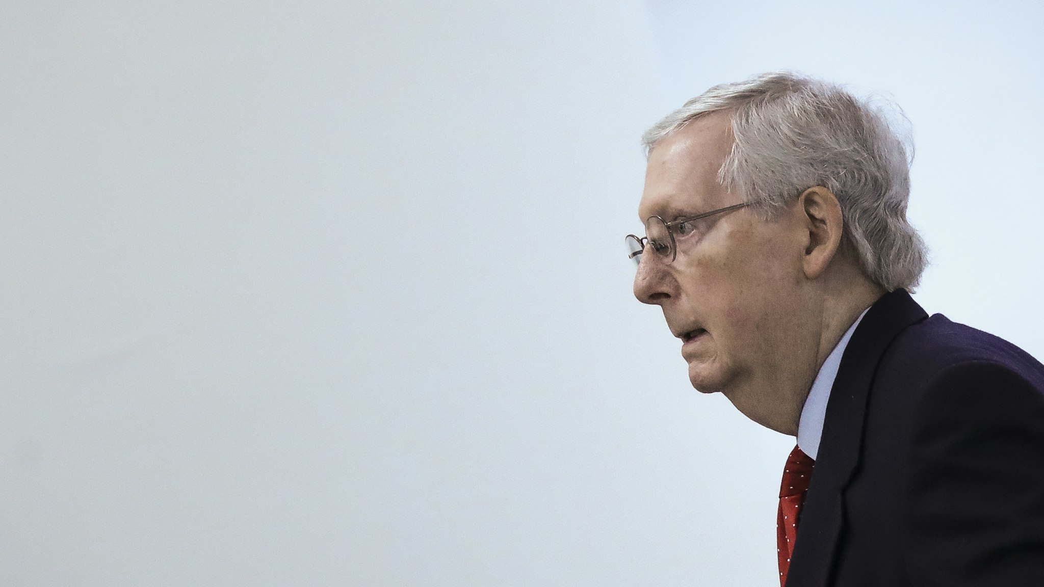 WASHINGTON, DC JANUARY 6: Senate Majority Leader Mitch McConnell (R-KY) exits after meeting with Secretary of State Mike Pompeo at the Sensitive Compartmented Information Facility (SCIF) at the U.S. Capitol January 6, 2020 in Washington, DC. Pompeo was reportedly at the Capitol to brief a small group of Senators about the situation in Iran. (Photo by Drew Angerer/Getty Images)