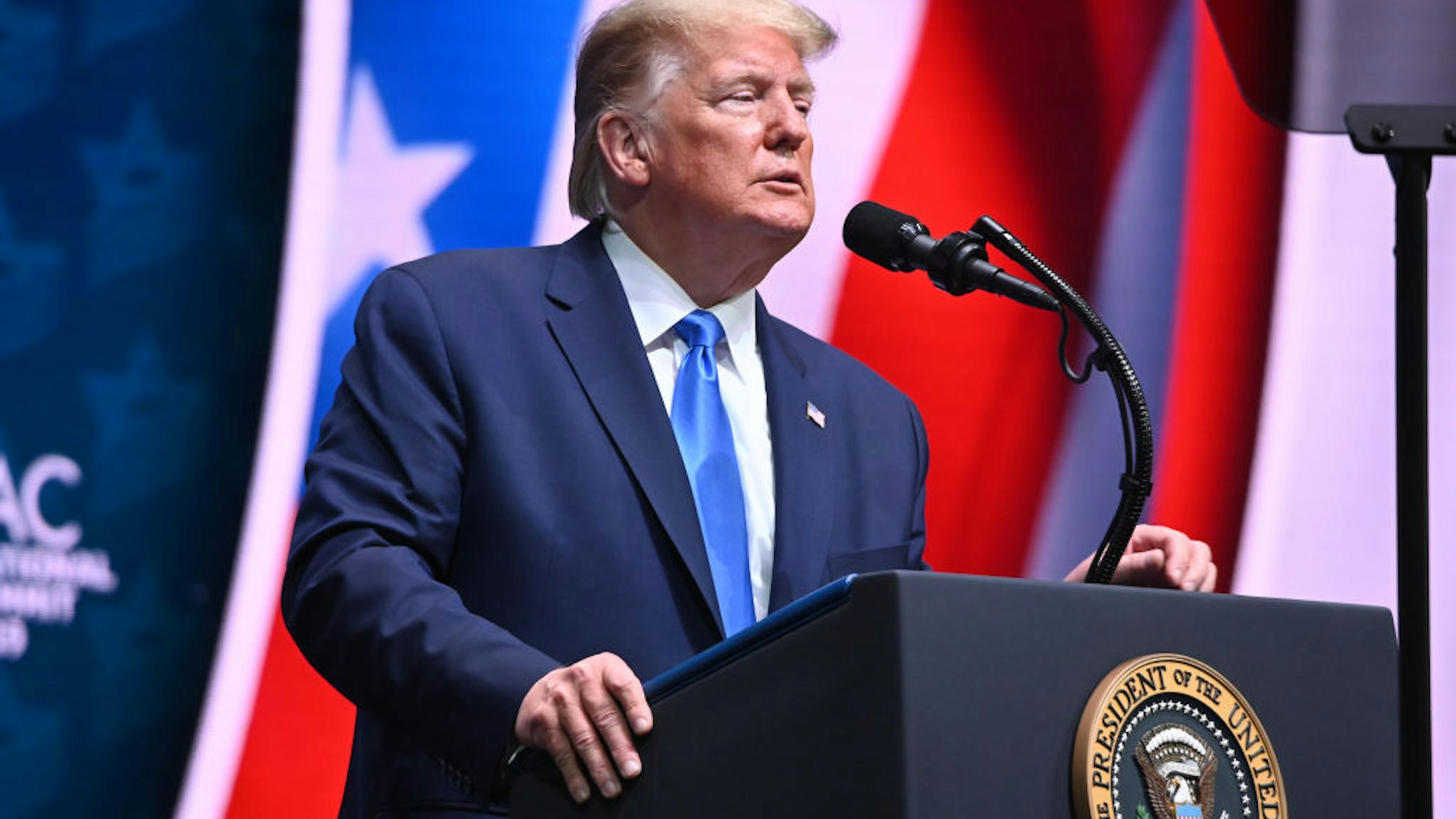 President Donald Trump speaks at the Israeli American Council National Summit on December 07, 2019 in Hollywood, Florida.