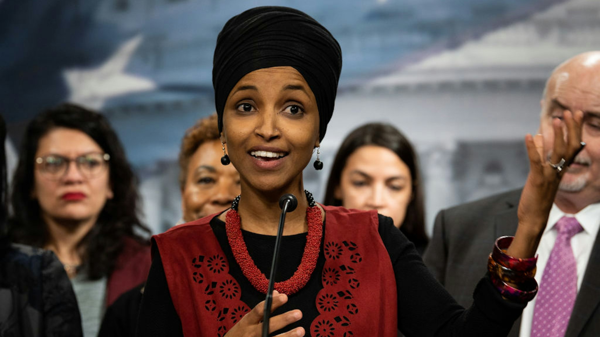 U.S. Representative Ilhan Omar (D-MN) speaking about the situation in Iran and Iraq at a press conference organized by the Congressional Progressive Caucus (CPC)