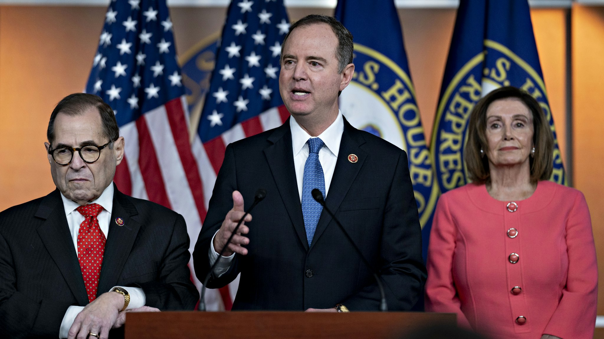 Representative Adam Schiff, a Democrat from California and chairman of the House Intelligence Committee, speaks as U.S. House Speaker Nancy Pelosi, a Democrat from California, right, and Representative Jerry Nadler, a Democrat from New York and chairman of the House Judiciary Committee, left, listen during a news conference on Capitol Hill in Washington, D.C., U.S., on Wednesday, Jan. 15, 2020. Schiff will lead a team of seven managers who will present the impeachment case against President Donald Trump in the Senate, Pelosi said. Photographer: Andrew Harrer/Bloomberg via Getty Images