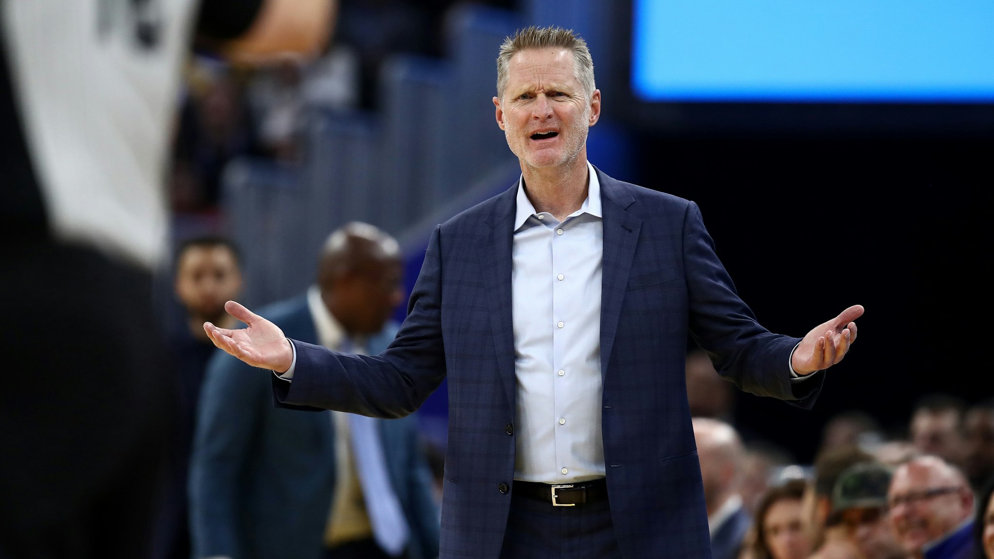 SAN FRANCISCO, CALIFORNIA - DECEMBER 23: Head coach Steve Kerr of the Golden State Warriors complains about a call during their game against the Minnesota Timberwolves at Chase Center on December 23, 2019 in San Francisco, California. NOTE TO USER: User expressly acknowledges and agrees that, by downloading and/or using this photograph, user is consenting to the terms and conditions of the Getty Images License Agreement. (Photo by Ezra Shaw/Getty Images)