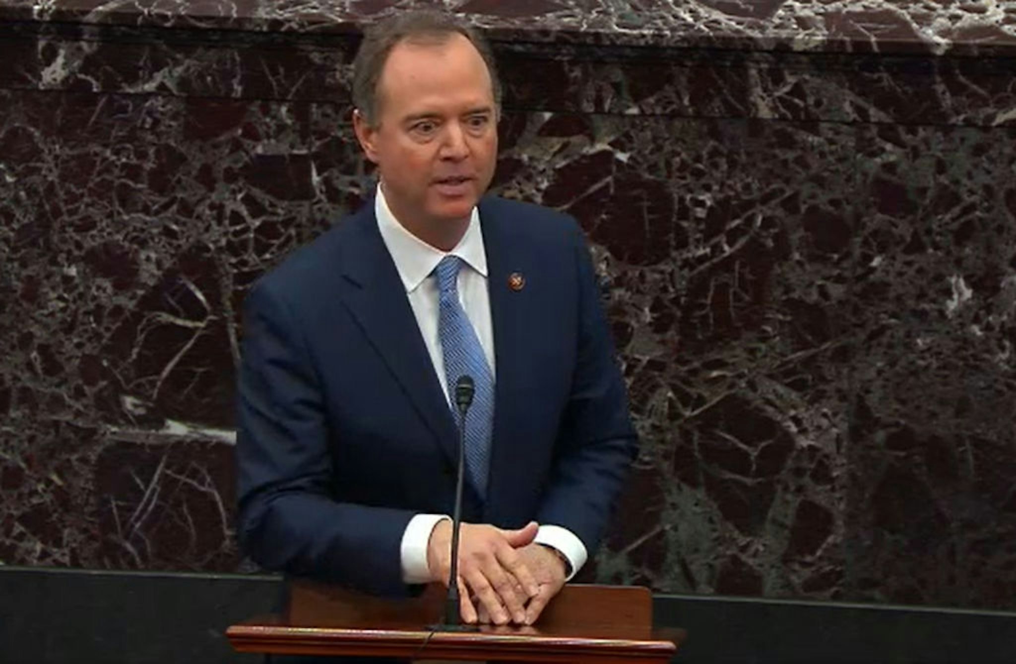 In this screengrab taken from a Senate Television webcast, House impeachment manager Rep. Adam Schiff (D-CA) speaks during impeachment proceedings against U.S. President Donald Trump in the Senate at the U.S. Capitol on January 24, 2020 in Washington, DC.