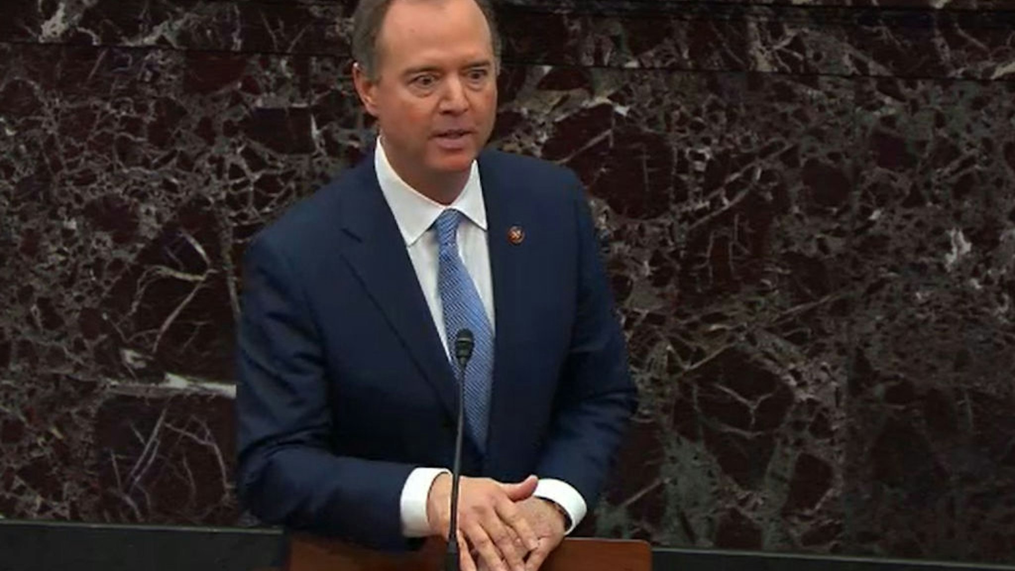 In this screengrab taken from a Senate Television webcast, House impeachment manager Rep. Adam Schiff (D-CA) speaks during impeachment proceedings against U.S. President Donald Trump in the Senate at the U.S. Capitol on January 24, 2020 in Washington, DC.