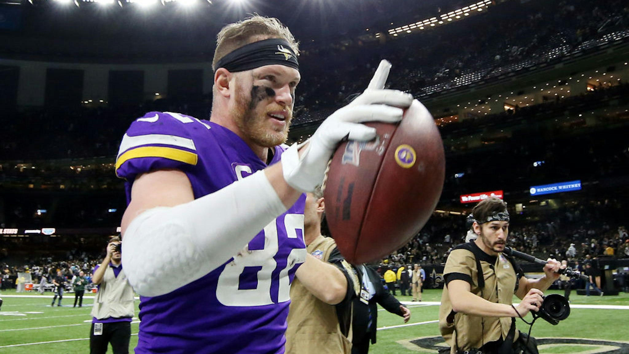 Kyle Rudolph #82 of the Minnesota Vikings celebrates after defeating the New Orleans Saints 26-20 during overtime in the NFC Wild Card Playoff game at Mercedes Benz Superdome on January 05, 2020 in New Orleans, Louisiana.
