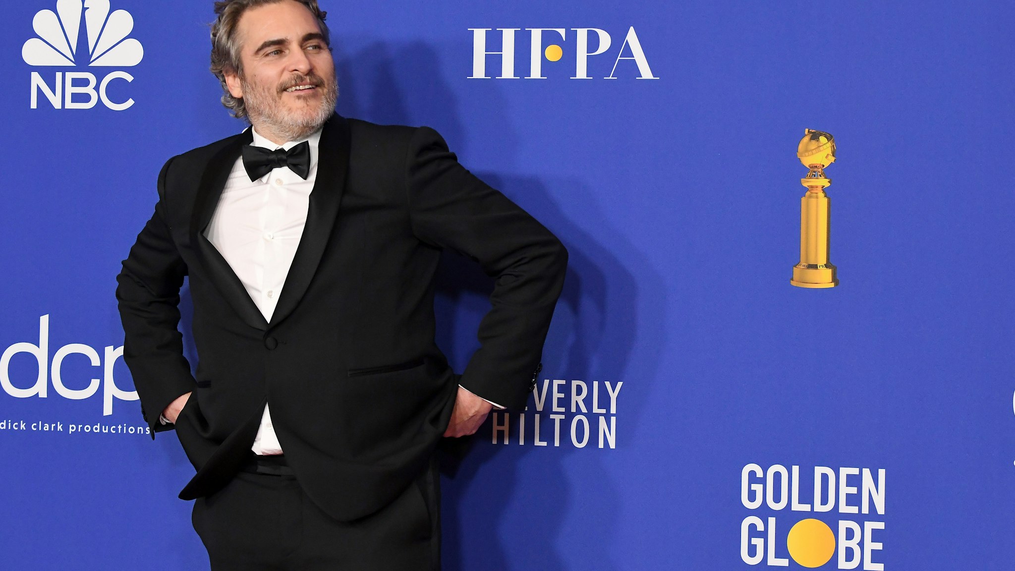 BEVERLY HILLS, CALIFORNIA - JANUARY 05: Joaquin Phoenix poses in the press room during the 77th Annual Golden Globe Awards at The Beverly Hilton Hotel on January 05, 2020 in Beverly Hills, California. (Photo by Steve Granitz/WireImage,)