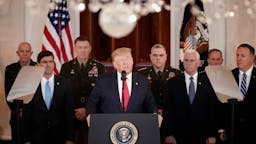 President Trump U.S. President Donald Trump speaks from the White House on January 08, 2020 in Washington, DC. During his remarks, Trump addressed the Iranian missile attacks that took place last night in Iraq and said, “As long as I am president of the United States, Iran will never be allowed to have a nuclear weapon.”