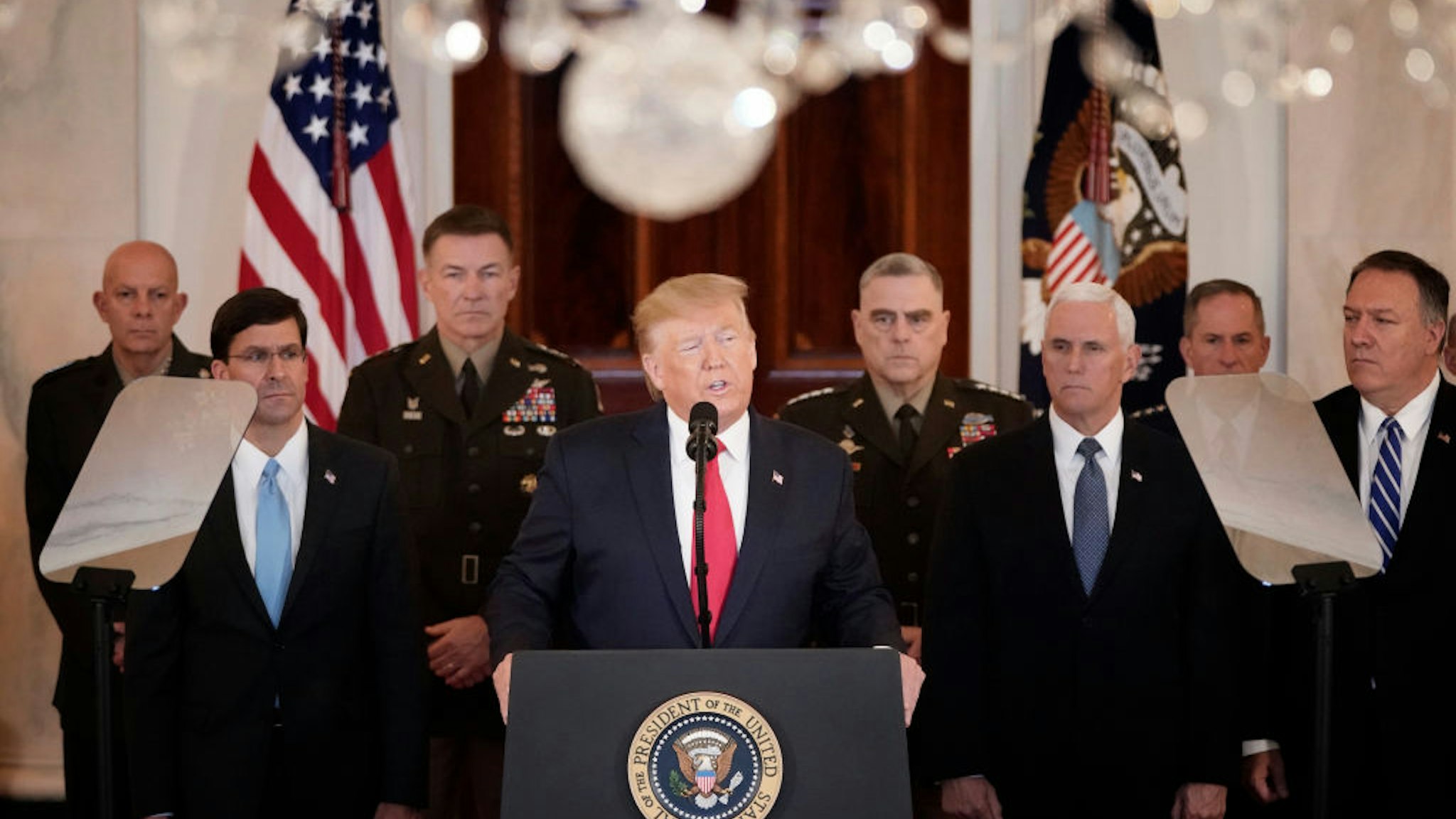 U.S. President Donald Trump speaks from the White House on January 08, 2020 in Washington, DC. During his remarks, Trump addressed the Iranian missile attacks that took place last night in Iraq and said, “As long as I am president of the United States, Iran will never be allowed to have a nuclear weapon.”