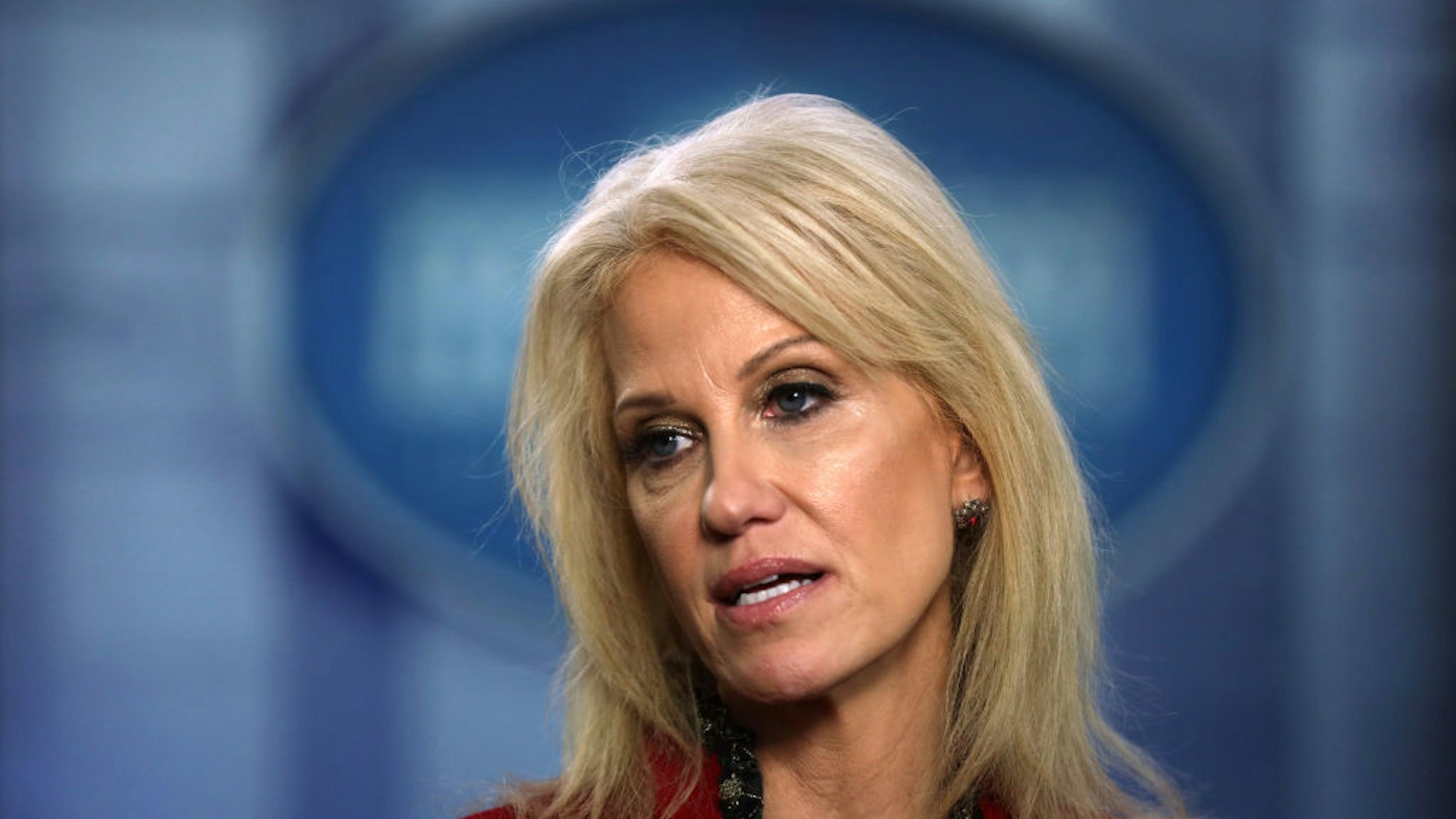 White House Senior Counselor Kellyanne Conway speaks to members of the media at the James Brady Press Briefing Room of the White House January 10, 2020 in Washington, DC.