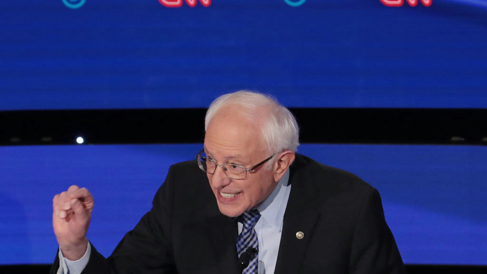 Sen. Bernie Sanders (I-VT) makes a point during the Democratic presidential primary debate at Drake University on January 14, 2020 in Des Moines, Iowa.
