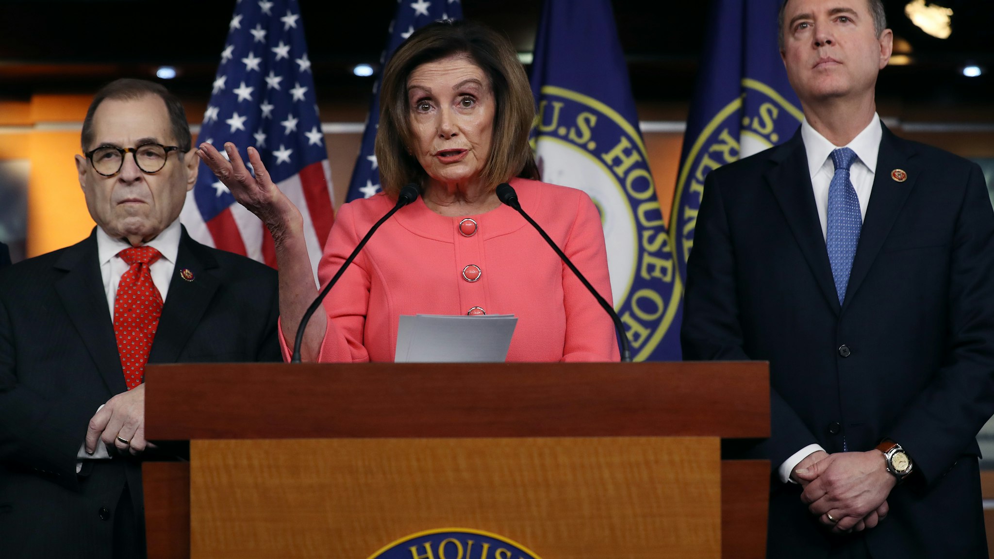 WASHINGTON, DC - JANUARY 15: U.S. Speaker of the House Nancy Pelosi (D-CA) (C) announces that Rep. Jerrold Nadler (D-NY) (L) and Rep. Adam Schiff (D-CA) will lead the seven managers of the Senate impeachment trial of President Donald Trump at the U.S. Capitol January 15, 2020 in Washington, DC. The House of Representatives is scheduled to vote to send the articles of impeachment to the Senate later in the day and Senate Majority Leader Mitch McConnell (R-KY) said the trial will begin next Tuesday. (Photo by Chip Somodevilla/Getty Images)