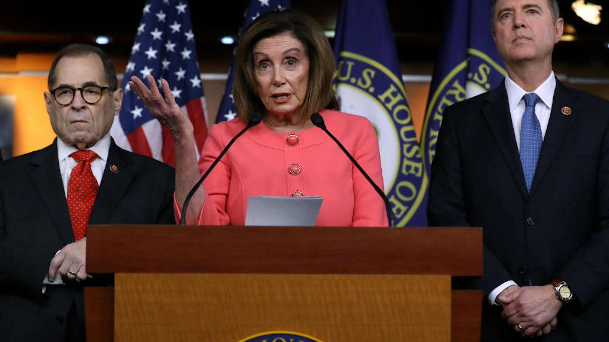 U.S. Speaker of the House Nancy Pelosi (D-CA) (C) announces that Rep. Jerrold Nadler (D-NY) (L) and Rep. Adam Schiff (D-CA) will lead the seven managers of the Senate impeachment trial of President Donald Trump at the U.S. Capitol January 15, 2020 in Washington, DC.