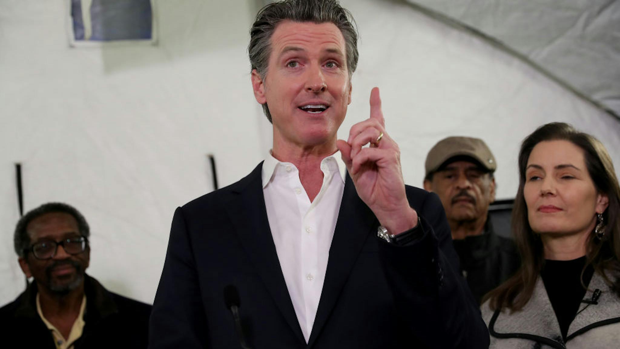 Governor Gavin Newsom Homeless Gov. Gavin Newsom speaks at a press conference on homelessness in Oakland, Calif., on Thursday, Jan. 16, 2020.