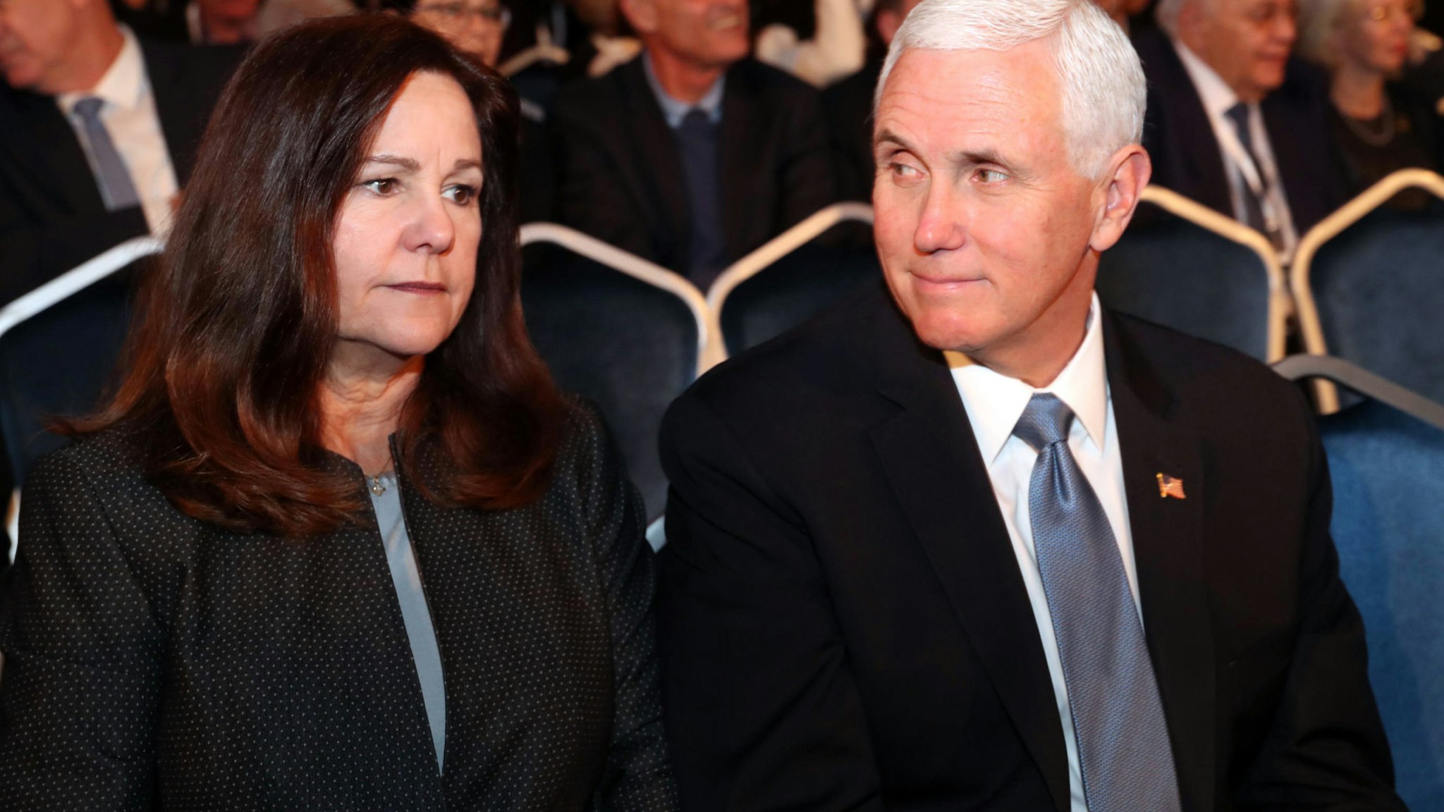 JERUSALEM, ISRAEL - JANUARY 23: Vice President of the United States Mike Pence (R) and his wife Karen Pence (L) during the Fifth World Holocaust Forum on January 23, 2020 in Jerusalem, Israel. Heads of State gathering in Jerusalem to mark 75 years since the liberation of Auschwitz will be the “largest diplomatic event in Israel’s history,” according to the country's Foreign Minister. (Photo by Yad Vashem - Pool/Getty Images)