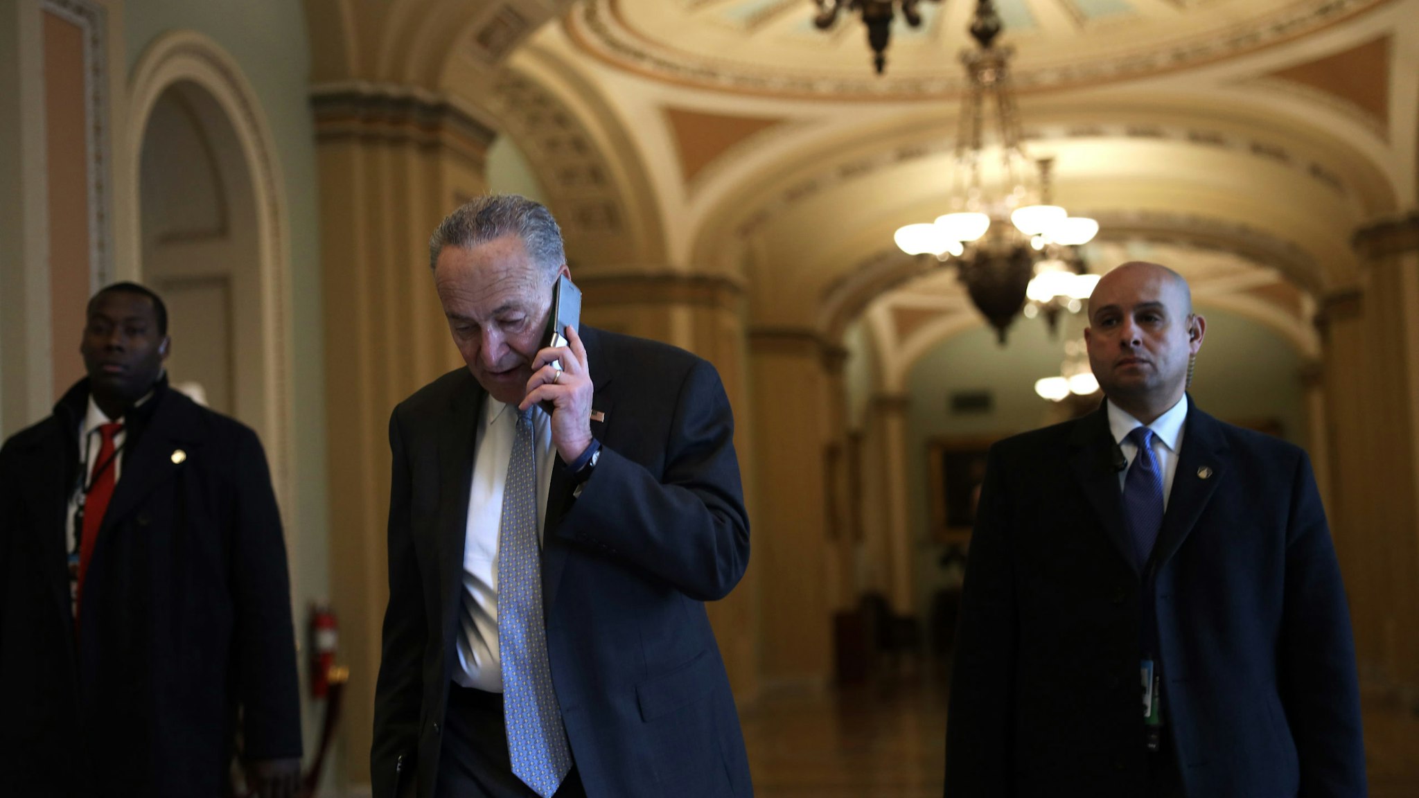 WASHINGTON, DC - JANUARY 23: U.S. Senate Minority Leader Sen. Chuck Schumer (D-NY) arrives at the U.S. Capitol January 23, 2020 in Washington, DC. House Democrats continue opening arguments on day 3 of the Senate impeachment trial against President Donald Trump. (Photo by Alex Wong/Getty Images)