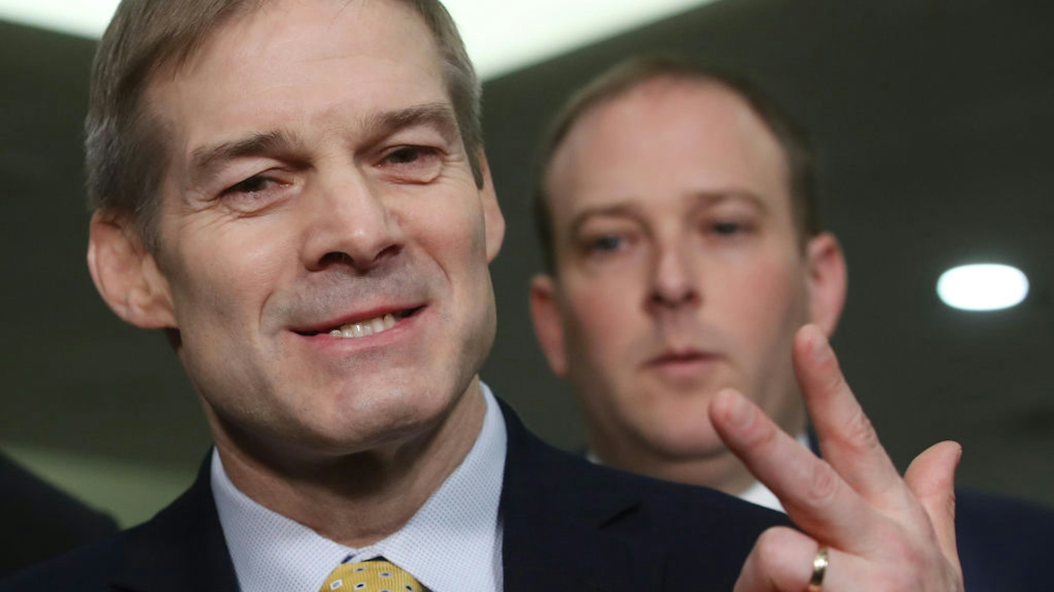 Rep. Jim Jordan (R-OH) (L), and Rep. Lee Zeldin (R-NY), speak with reporters in the Senate subway before the impeachment trial of President Donald Trump resumes at the U.S. Capitol on January 23, 2020 in Washington, DC.