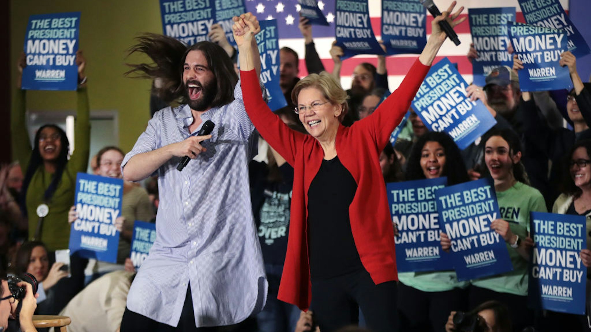 Jonathan Van Ness, of the Netflix series Queer Eye, introduces Democratic presidential candidate, Sen. Elizabeth Warren (D-MA) during a campaign rally at The NewBo City Market on January 26, 2020 in Cedar Rapids, Iowa.