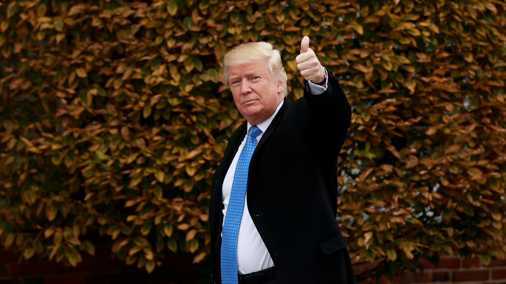 BEDMINSTER TOWNSHIP, NJ - NOVEMBER 20: President-elect Donald Trump waves as he arrives at Trump International Golf Club for a day of meetings, November 20, 2016 in Bedminster Township, New Jersey. Trump and his transition team are in the process of filling cabinet and other high level positions for the new administration.