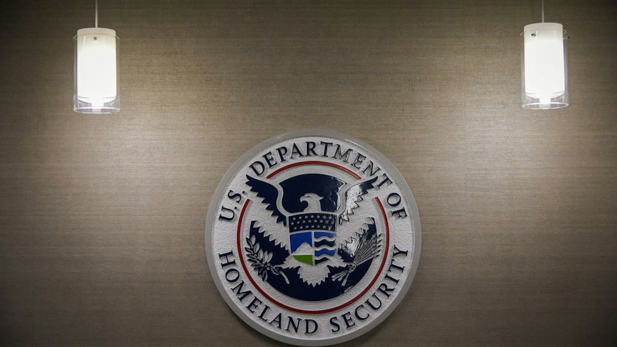 U.S. Department of Homeland Security logo is seen inside press conference room on Thursday, May 11, 2017, at the U.S. Immigration and Customs Enforcement headquarters in Washington, DC.