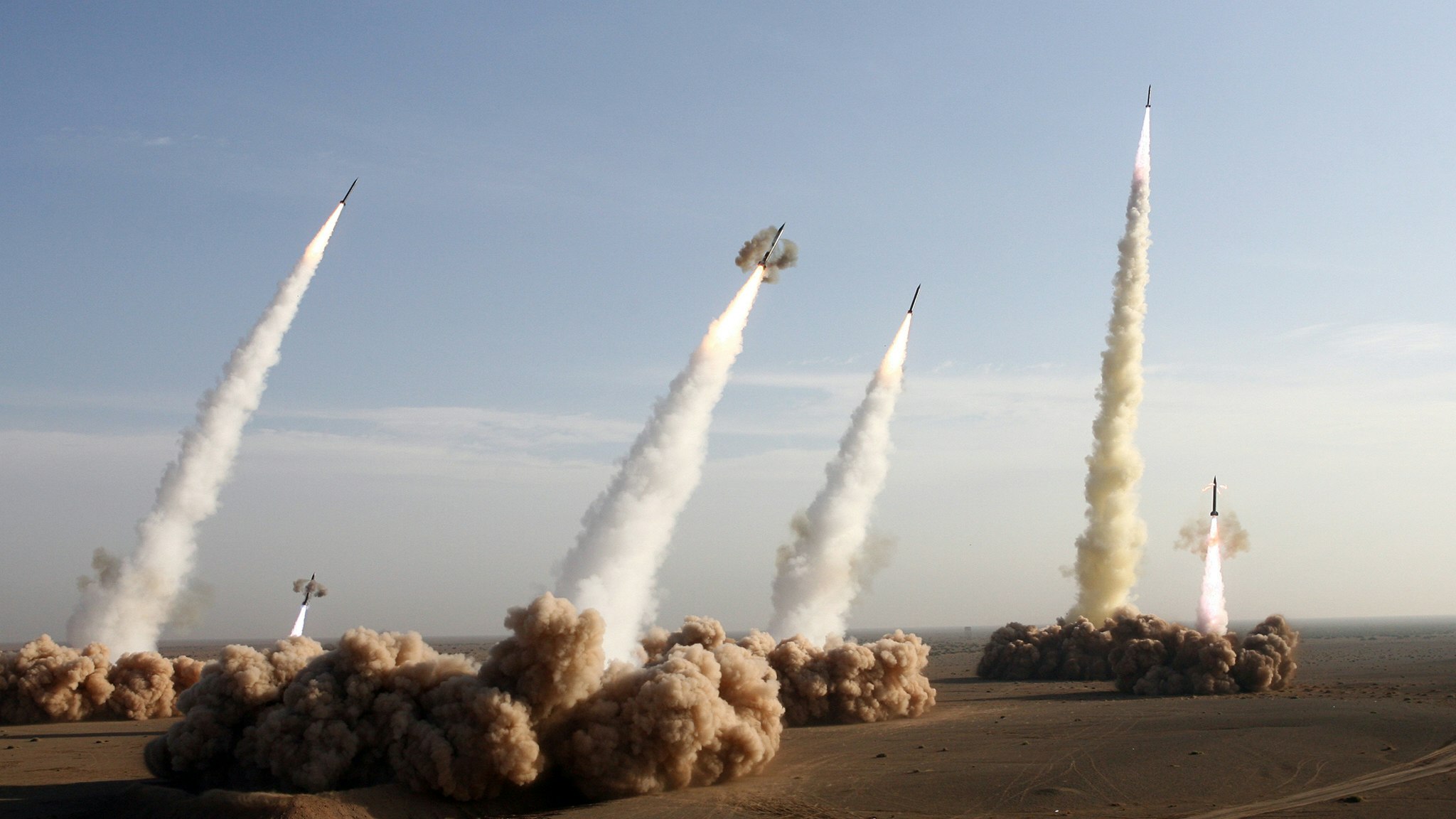 Iran's Revolutionary Guards fire test missiles during the first phase of military manoeuvres in the central desert outside the holy city of Qom, 02 November 2006. The Islamic republic fired its longer-range missile on exercise for the first time today as it began 10 days of war games amid a mounting standoff with the West over its nuclear programme.
