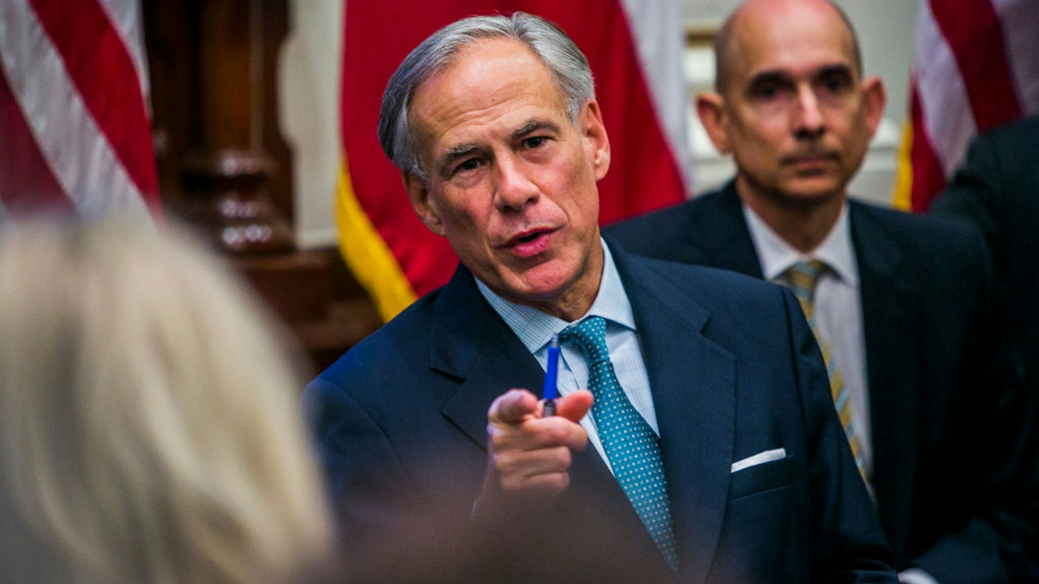 AUSTIN, TX - MAY 24: Texas Governor Greg Abbott holds a roundtable discussion with victims, family, and friends affected by the Santa Fe, Texas school shooting at the state capital on May 24, 2018 in Austin, Texas. Representatives from Sutherland Springs, Alpine, and Killeen were also invited and address the governor.