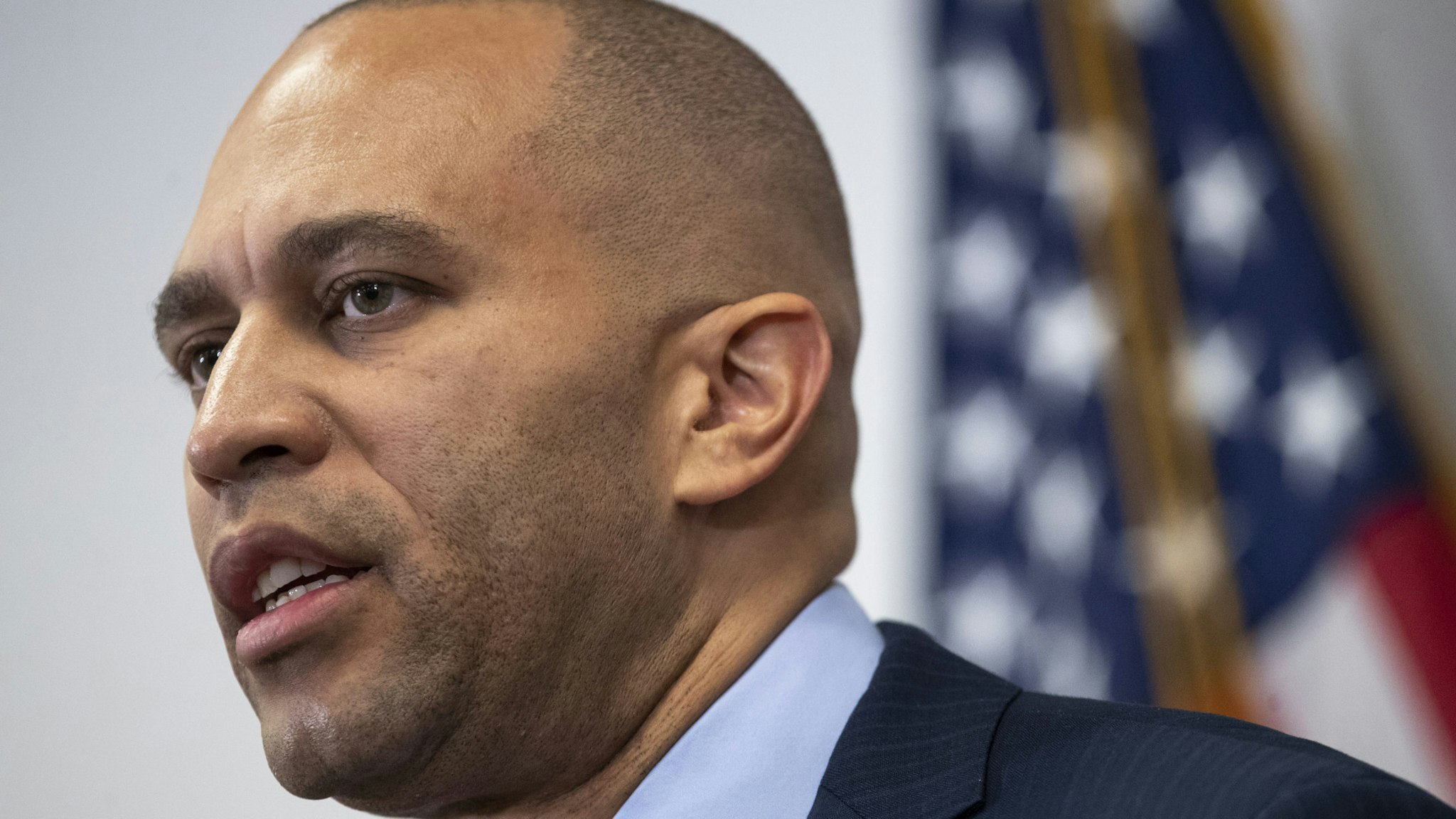 WASHINGTON, DC JANUARY 14: Chair of the House Democratic Caucus Rep. Hakeem Jeffries (D-NY) speaks during a press conference after a House Democratic Caucus meeting at the U.S. Capitol on January 14, 2020 in Washington, DC. Pelosi announced that the House will vote Wednesday on a resolution appointing House impeachment managers and will transmit the articles of impeachment to the Senate, allowing the trial of President Trump to begin.