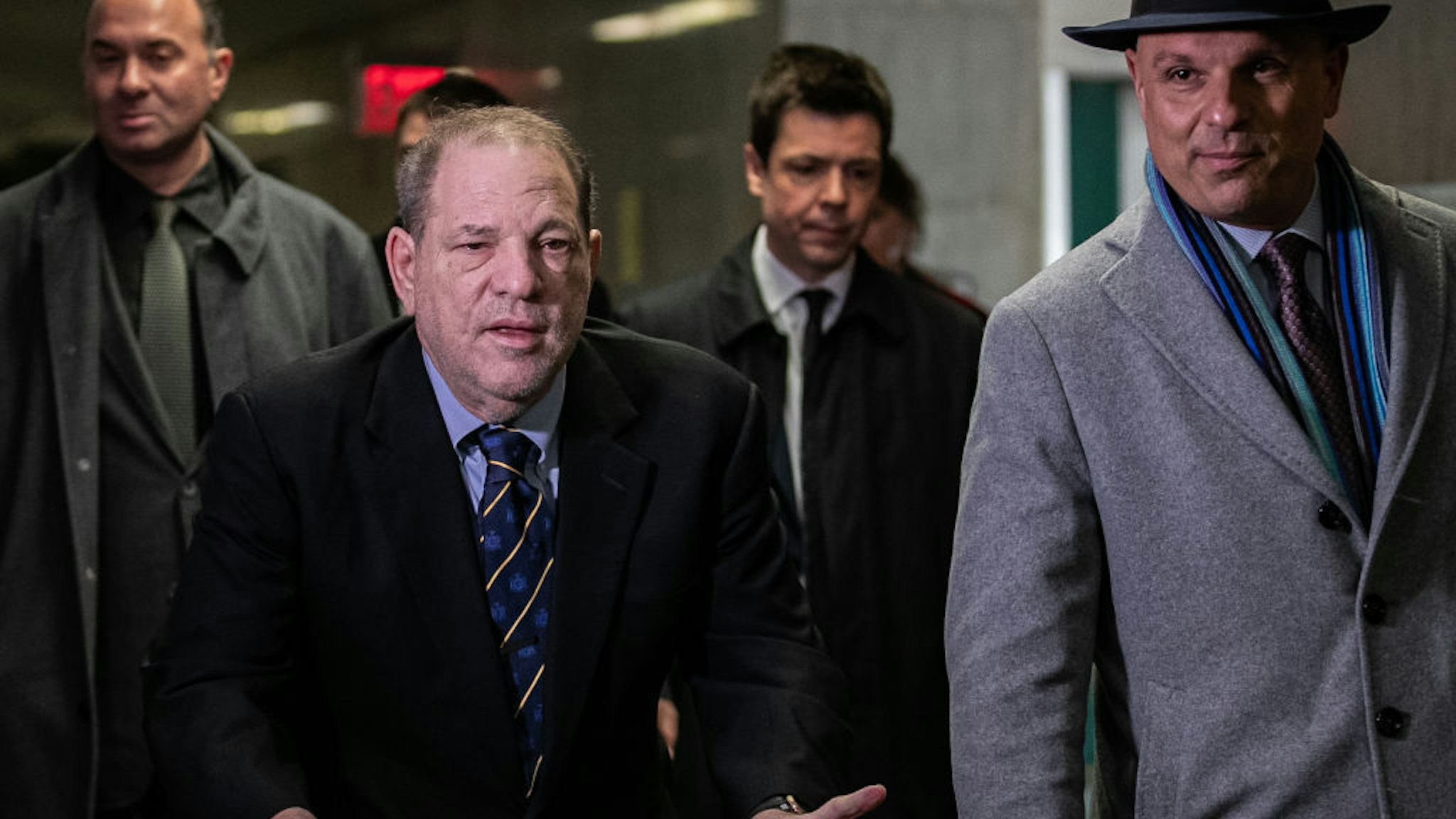Harvey Weinstein arrives at New York City Criminal Court for the continuation of this trial on January 24, 2020 in New York City. Weinstein, a movie producer whose alleged sexual misconduct helped spark the #MeToo movement, pleaded not-guilty on five counts of rape and sexual assault against two unnamed women and faces a possible life sentence in prison. (Photo by Jeenah Moon/Getty Images)