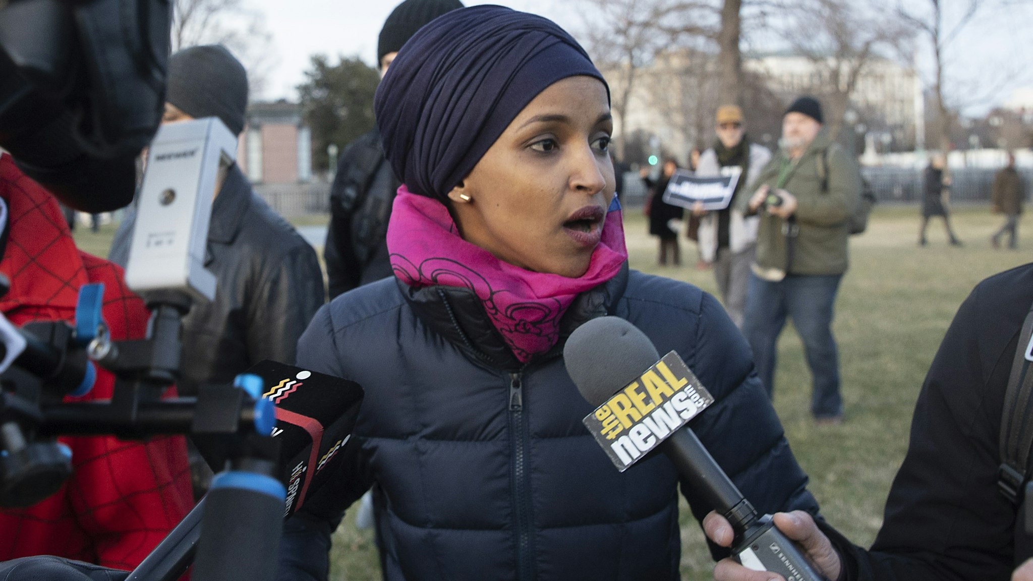 WASHINGTON, DC-JANUARY 09: Rep. Ilhan Omar (D-MN) speaks to reporters at the Anti-Iran War Rally on January 09, 2020 in Washington DC, United States. The House adopted a war powers resolution Thursday with the aim of limiting President Donald Trump’s military actions against Iran.