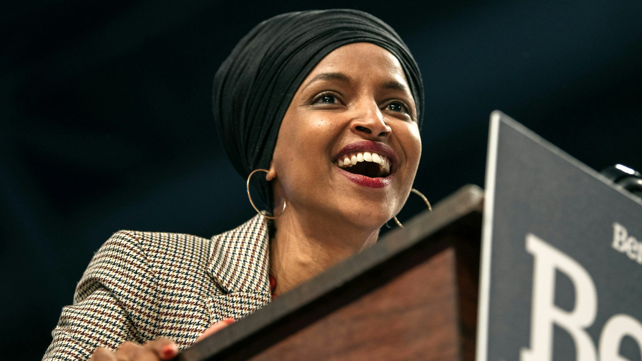 MINNEAPOLIS, MN - NOVEMBER 03: Representative Ilhan Omar (D-MN) speaks at a campaign rally for Senator (I-VT) and presidential candidate Bernie Sanders at the University of Minnesotas Williams Arena on November, 3, 2019 in Minneapolis, Minnesota. Before introducing him, Rep. Omar praised Sanders for his support of unions, comprehensive immigration reform, and support for refugees.