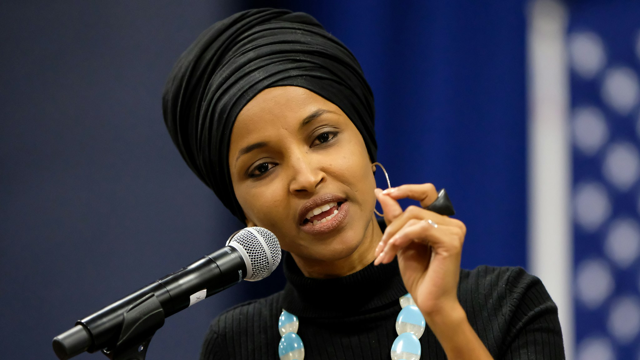 MANCHESTER, UNITED STATES - 2019/12/13: Minnesota Congresswoman Ilhan Omar campaigns with Vermont Senator and presidential candidate Bernie Sanders at Southern New Hampshire University in Manchester.