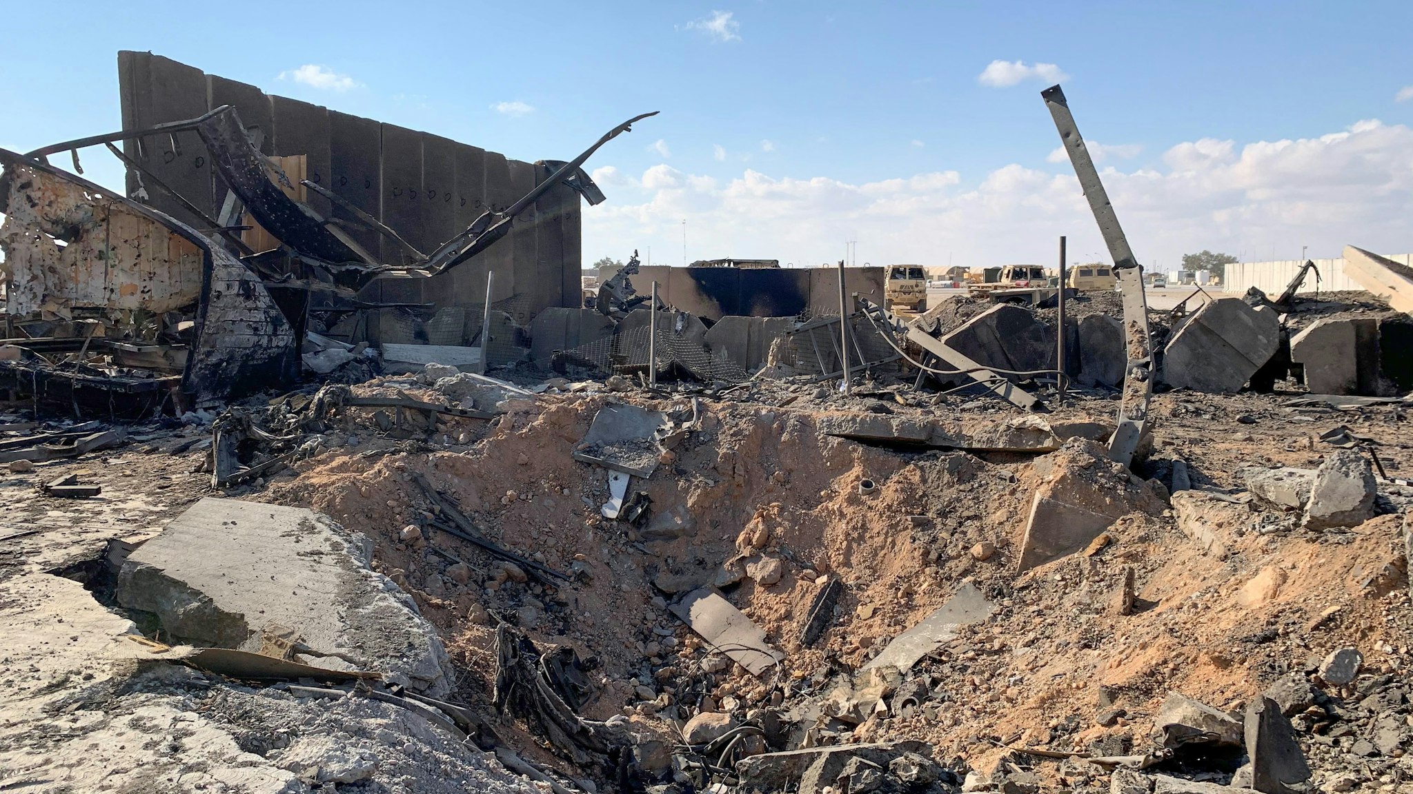 A picture taken on January 13, 2020 during a press tour organised by the US-led coalition fighting the remnants of the Islamic State group, shows a view of the damage at Ain al-Asad military airbase housing US and other foreign troops in the western Iraqi province of Anbar. - Iran last week launched a wave of missiles at the sprawling Ain al-Asad airbase in western Iraq and a base in Arbil, capital of Iraq's autonomous Kurdish region, both hosting US and other foreign troops, in retaliation for the US killing top Iranian general Qasem Soleimani in a drone strike in Baghdad on January 3.