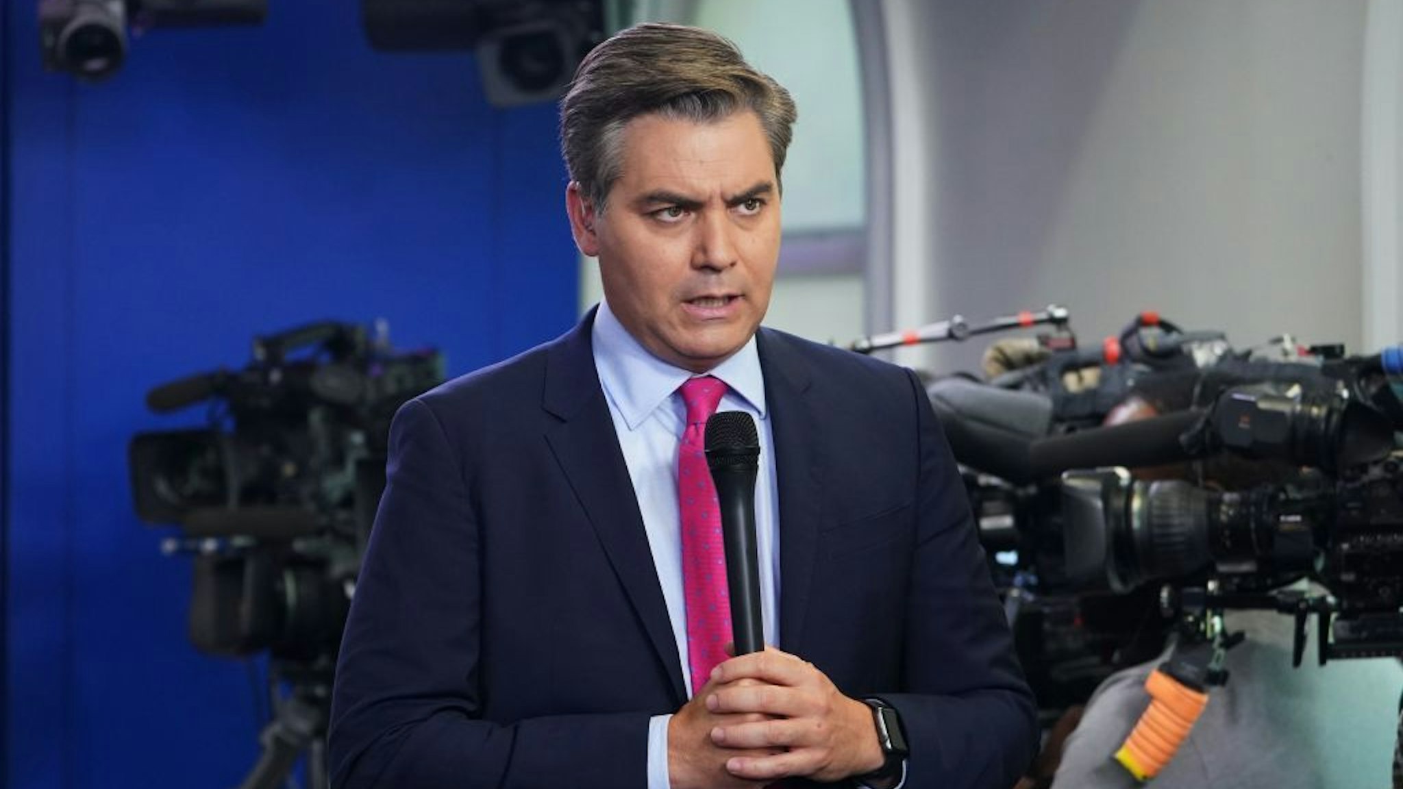 CNN chief White House correspondent Jim Acosta is seen before a briefing by White House Press Secretary Sarah Sanders in the Brady Briefing Room of the White House in Washington, DC on October 3, 2018. (Photo by MANDEL NGAN / AFP) (Photo credit should read MANDEL NGAN/AFP via Getty Images)