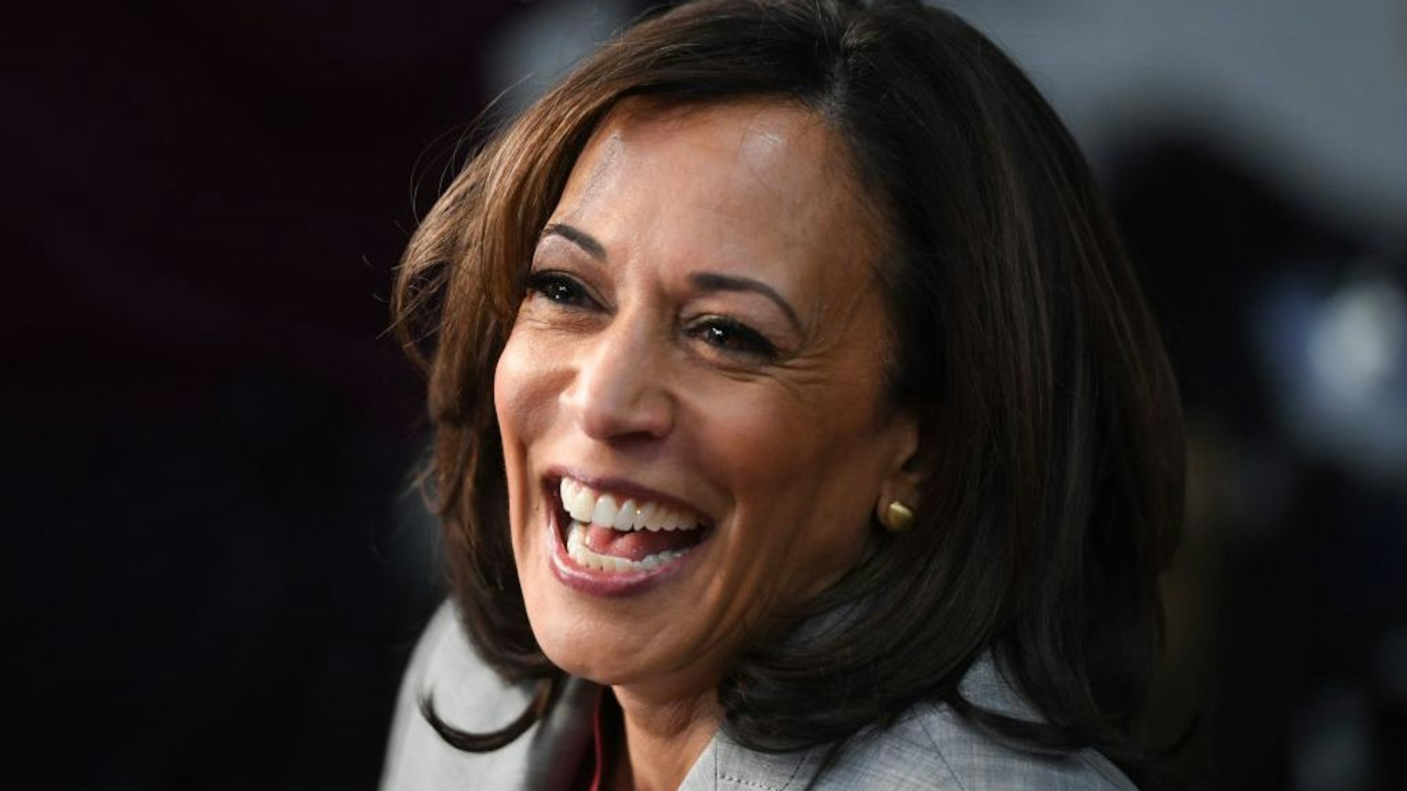 Democratic presidential hopeful California Senator Kamala Harris speaks to the press in the Spin Room after participating in the fifth Democratic primary debate of the 2020 presidential campaign season co-hosted by MSNBC and The Washington Post at Tyler Perry Studios in Atlanta, Georgia on November 20, 2019. (Photo by SAUL LOEB / AFP)