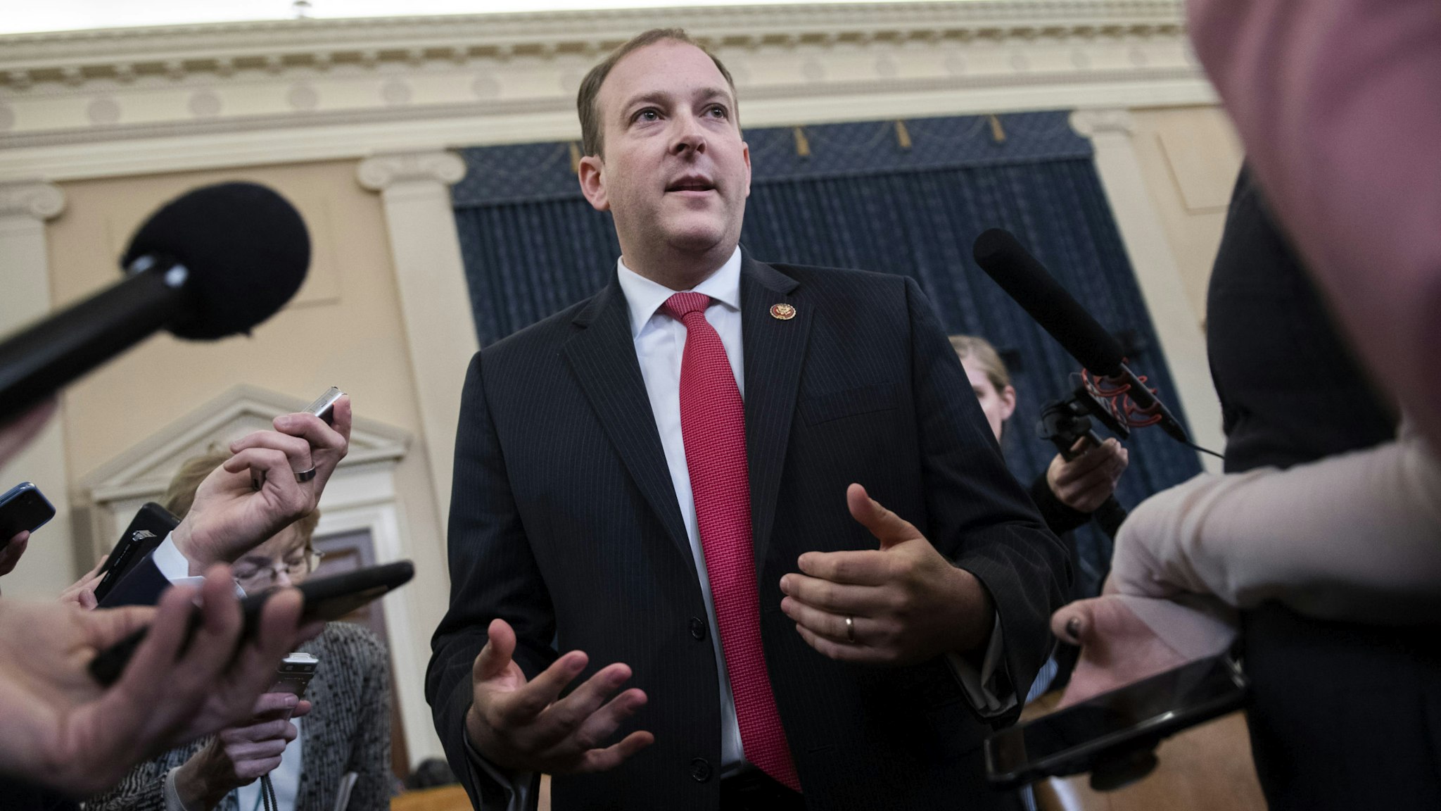 UNITED STATES - NOVEMBER 20: Rep. Lee Zeldin, R-N.Y., talks with reporters during a break in the the House Intelligence Committee hearing on the impeachment inquiry of President Trump featuring testimony by Gordon Sondland, U.S. ambassador to the European Union, in Longworth Building on Wednesday, November 20, 2019.