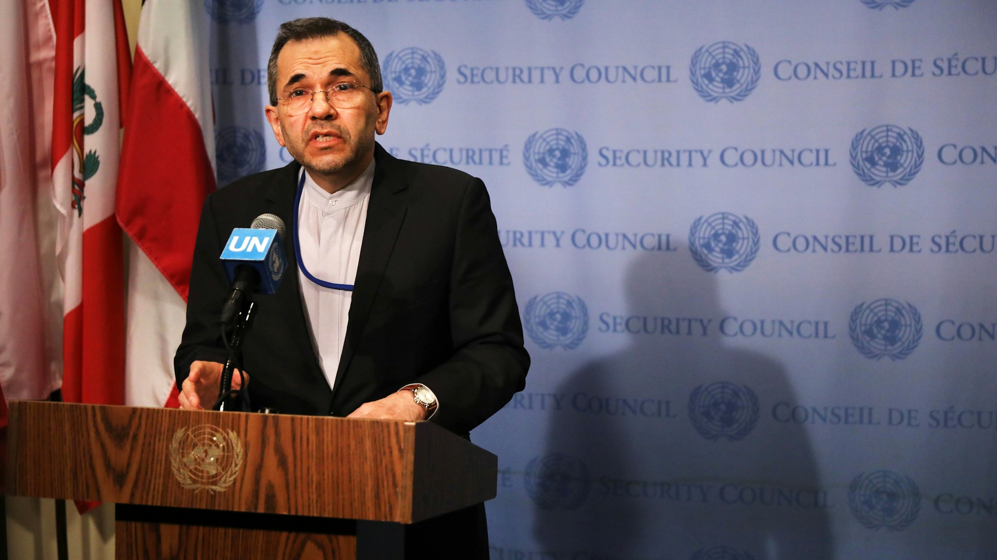 NEW YORK, NEW YORK - JUNE 24: Iran's Ambassador to the United Nations (UN) Majid Takht Ravanchi speaks to the media before a meeting with other UN members on the escalating situation with the United States At United Nation headquarters on June 24, 2019 in New York City. The Trump administration has imposed fresh sanctions on the country following last week’s shooting down by Iran of a U.S. surveillance drone over the Strait of Hormuz.