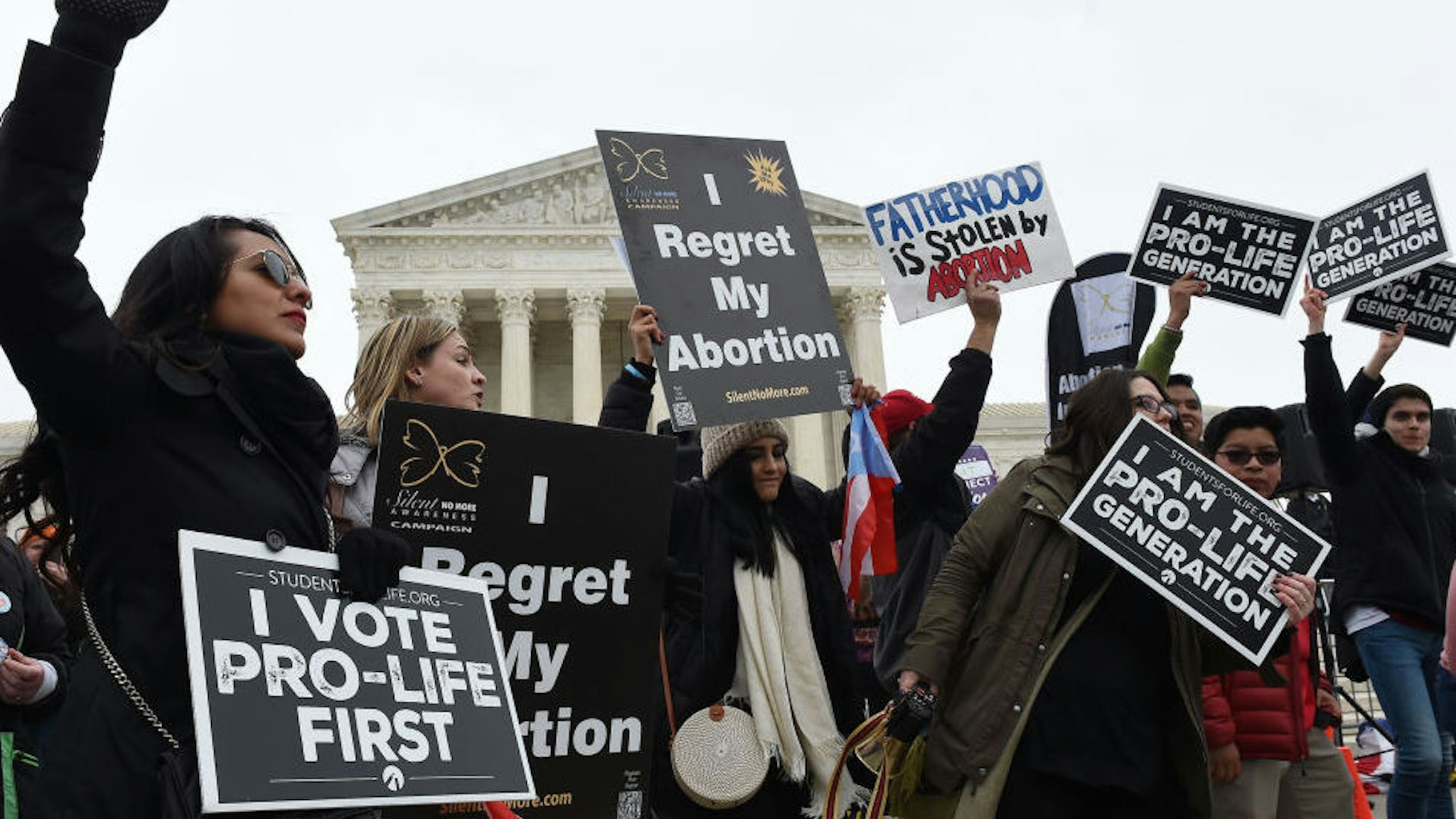 Pro-life activists demonstrate in front of the the US Supreme Court during the 47th annual March for Life on January 24, 2020 in Washington, DC. - Activists gathered in the nation's capital for the annual event to mark the anniversary of the Supreme Court Roe v. Wade ruling that legalized abortion in 1973.