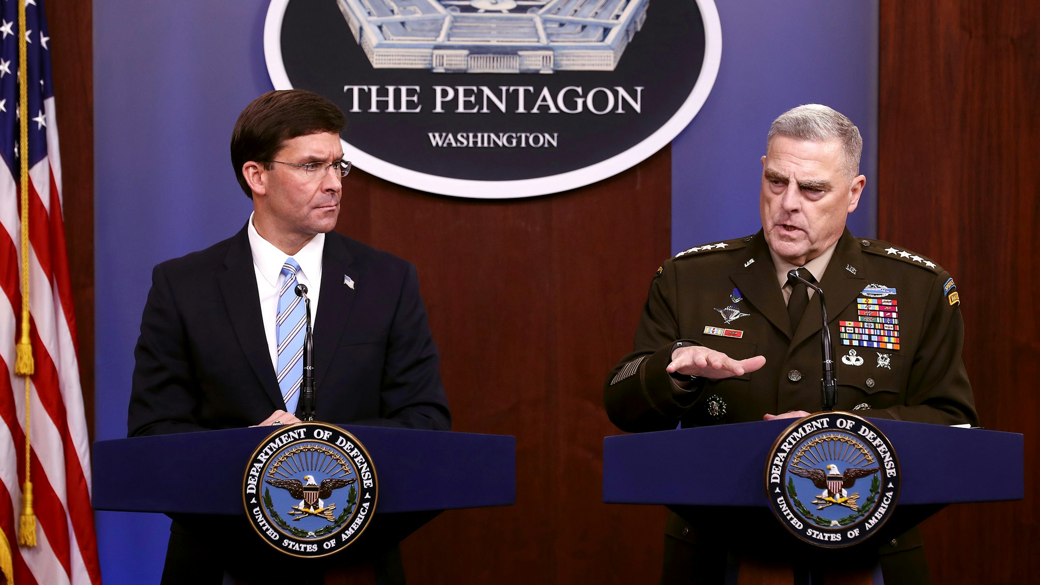 ARLINGTON, VIRGINIA - OCTOBER 28: U.S. Defense Secretary Mark Esper (L) and Chairman of the Joint Chiefs of Staff Gen. Mark Milley hold a news conference at the Pentagon the day after it was announced that Abu Bakr al-Baghdadi was killed in a U.S. raid in Syria October 28, 2019 in Arlington, Virginia. The leader and self-proclaimed caliph of the Islamic State, al-Baghdadi reportedly blew himself up with explosives when cornered by a U.S. Special Operations team at his compound in Syria.